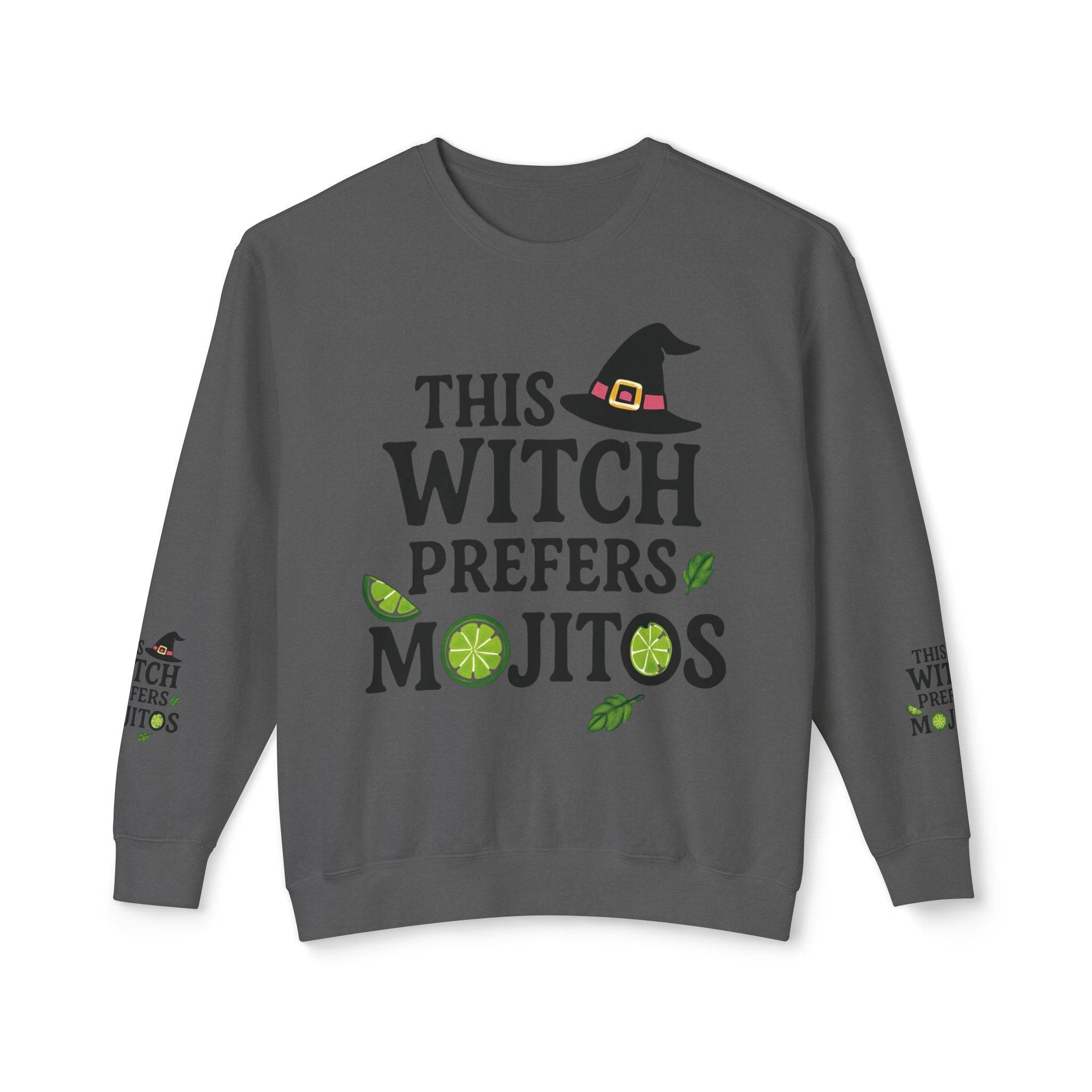 Printify eco-friendly witch sweatshirt gray crewneck with This Witch Prefers Mojitos text witch hat and lime slice graphics