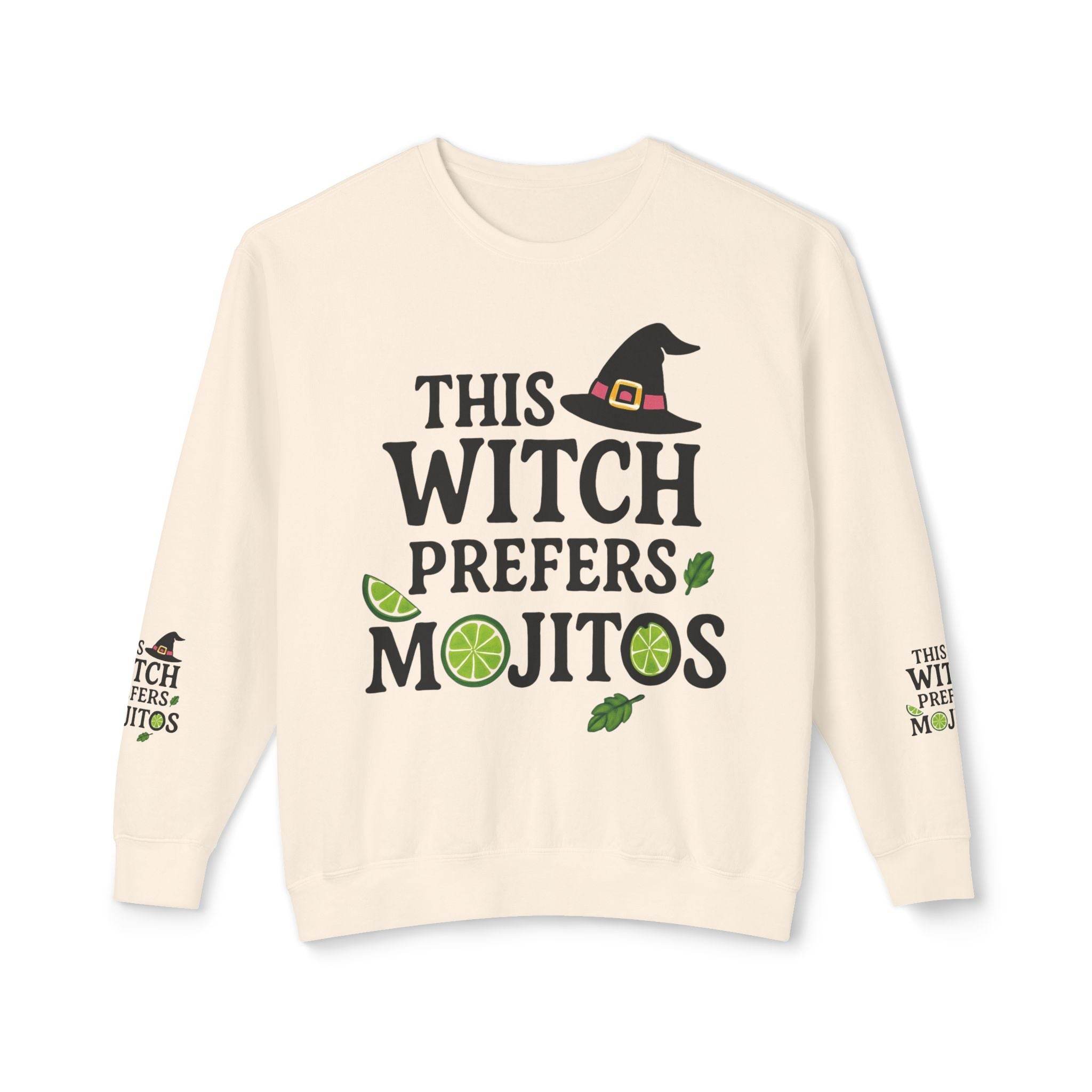 Printify eco-friendly witch sweatshirt cream crewneck with This Witch Prefers Mojitos graphic lime slices and mint