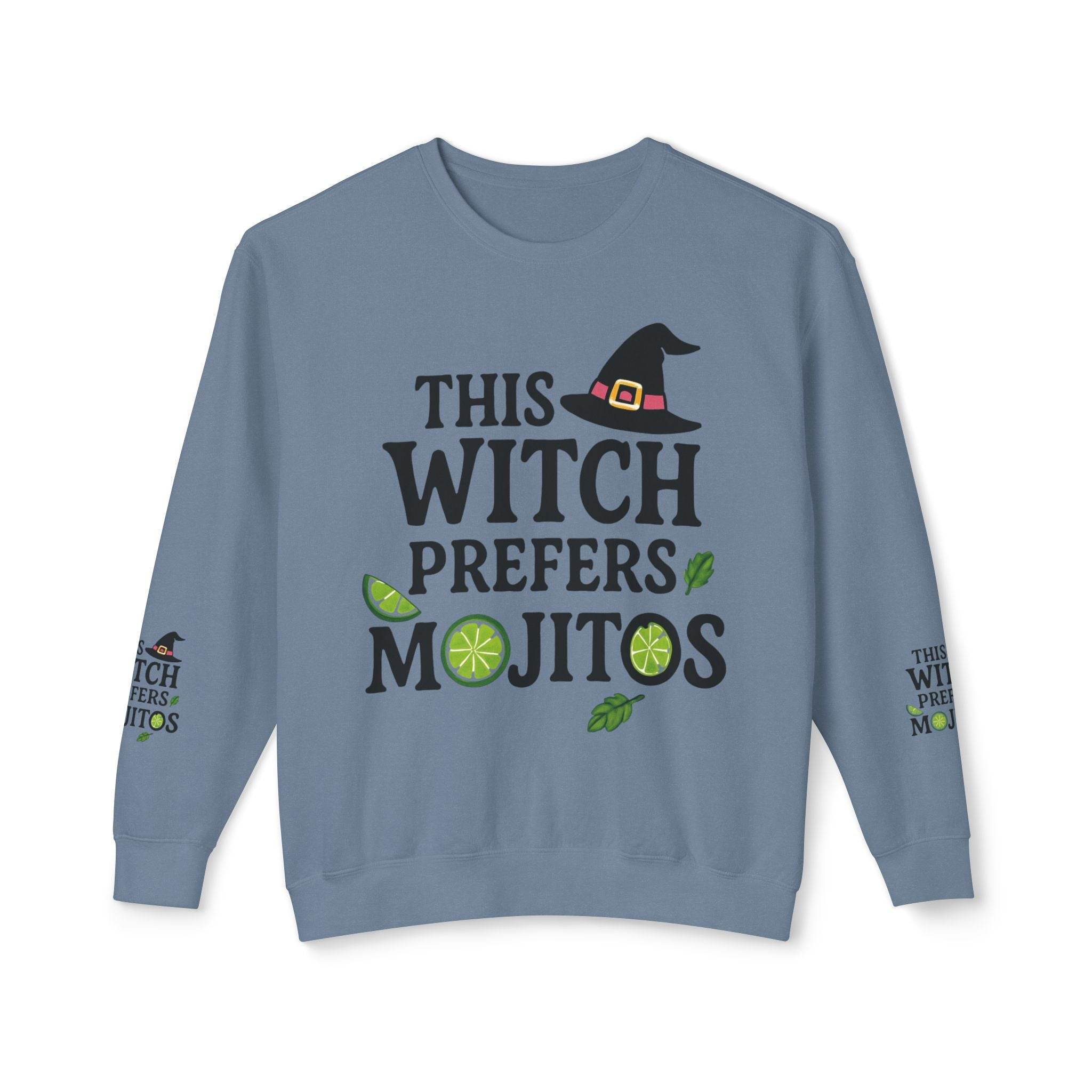 eco-friendly witch sweatshirt light blue crewneck with This Witch Prefers Mojitos graphic lime and mint