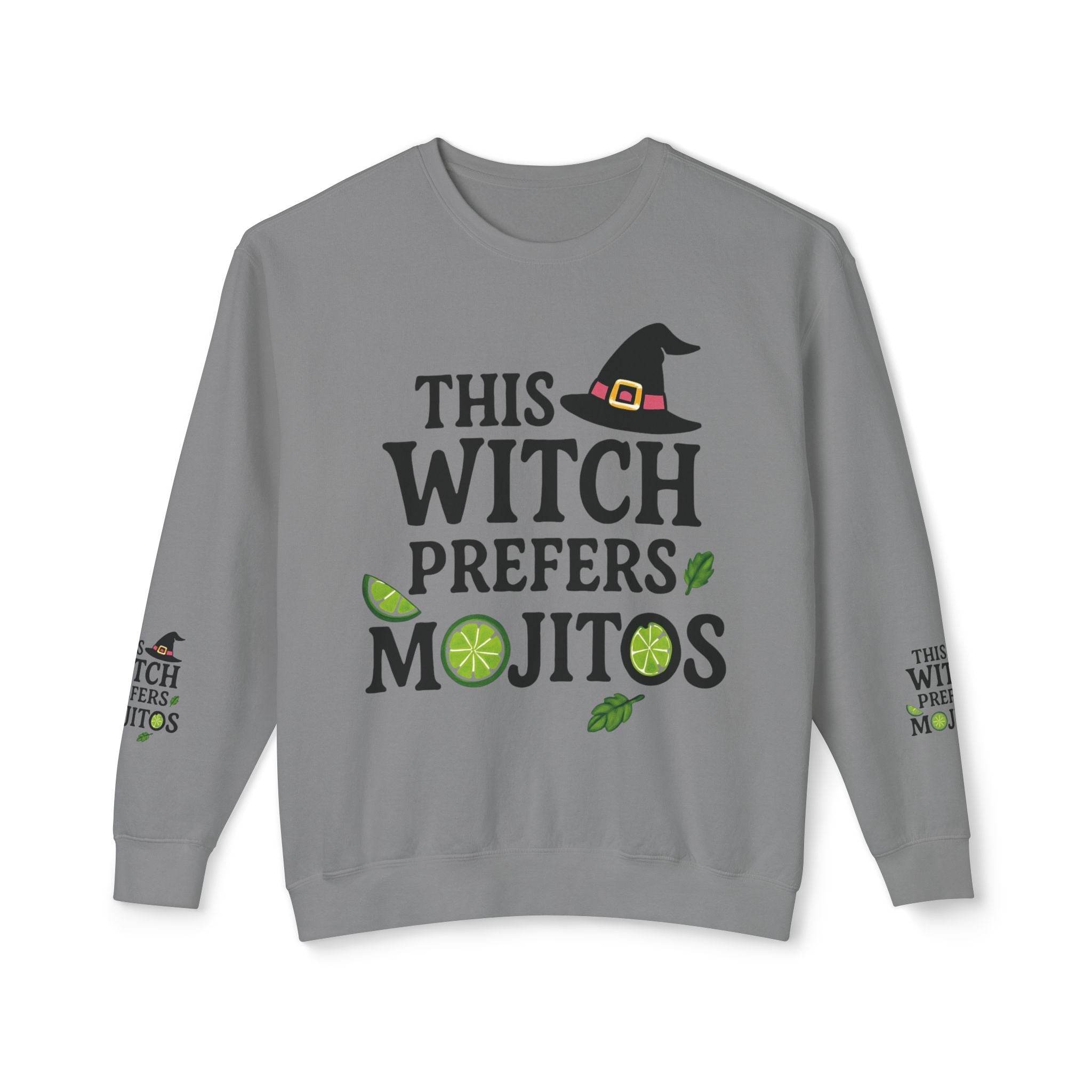 Printify eco-friendly witch sweatshirt gray crewneck with This Witch Prefers Mojitos lime and mint design
