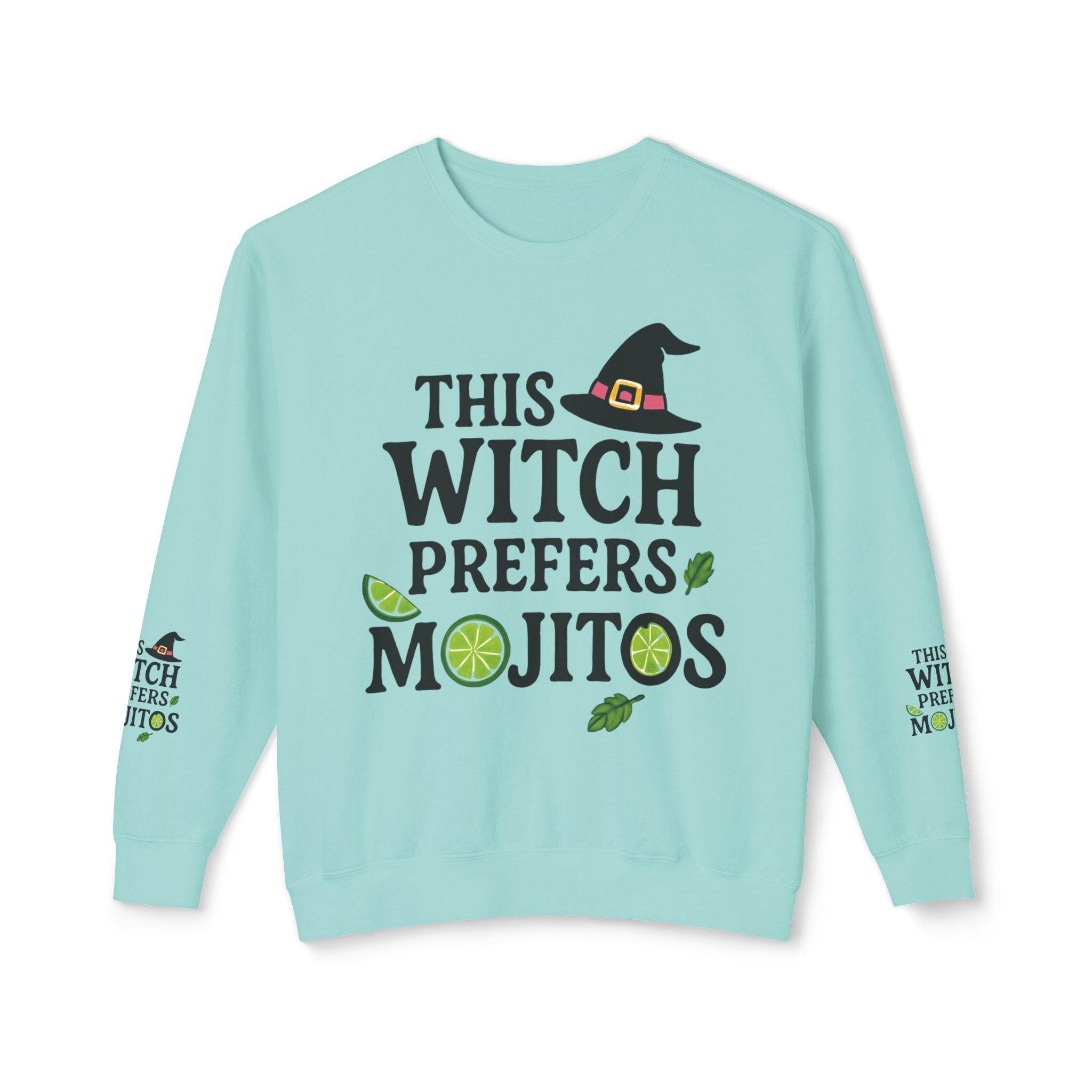 Printify eco-friendly witch sweatshirt in mint green with This Witch Prefers Mojitos front print and sleeve art