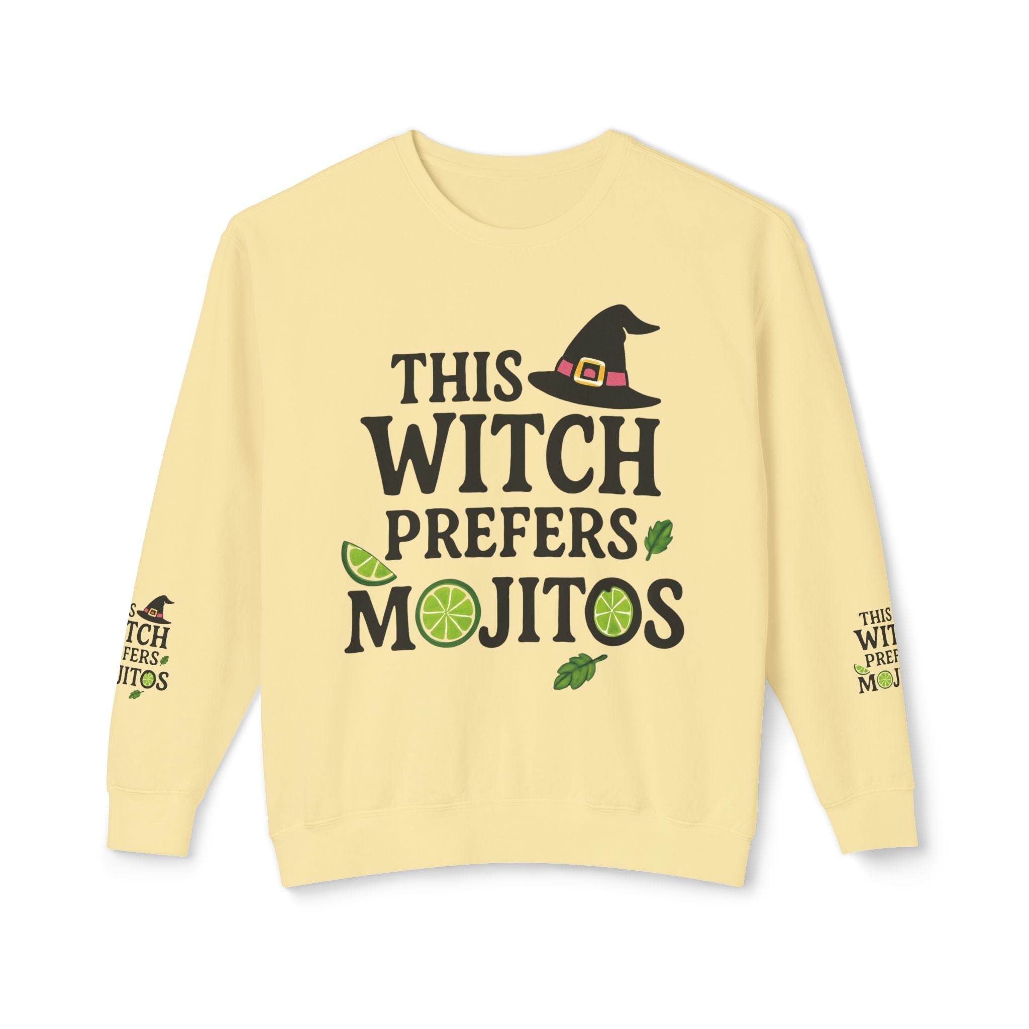 eco-friendly witch sweatshirt cream crewneck with This Witch Prefers Mojitos design lime slices mint leaves and witch hat