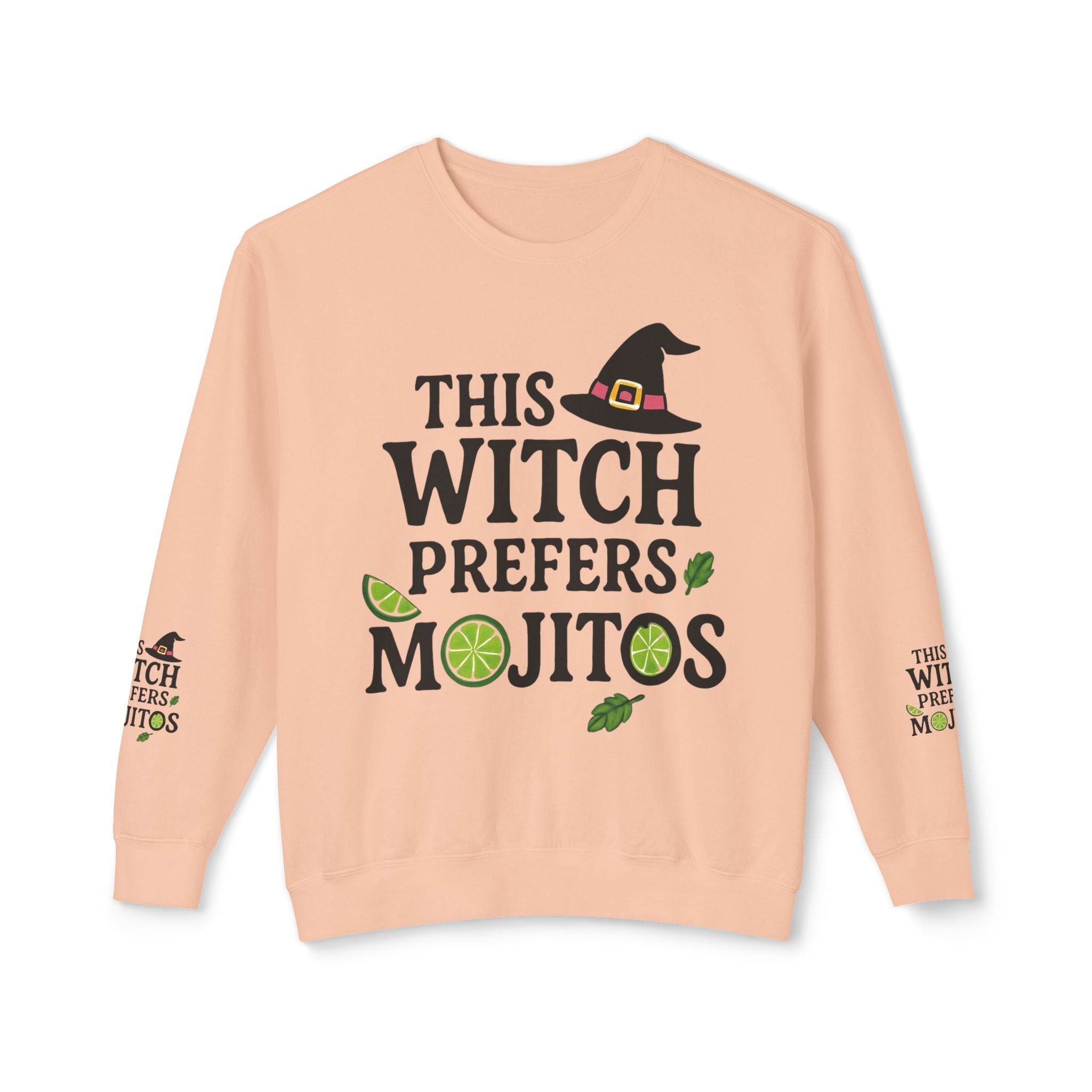Printify eco-friendly witch sweatshirt peach crewneck with This Witch Prefers Mojitos design lime slices and witch hat