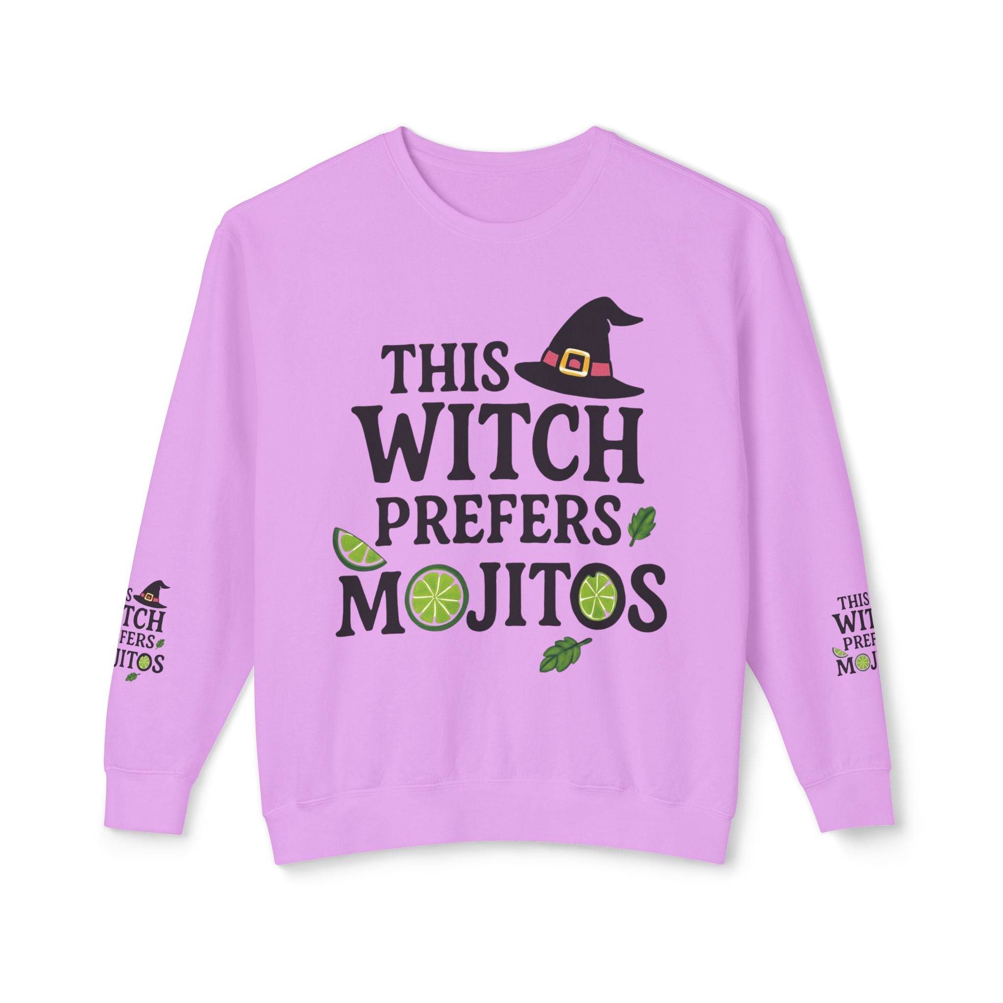 eco-friendly witch sweatshirt Printify lavender crewneck with This Witch Prefers Mojitos graphic lime slices mint accents