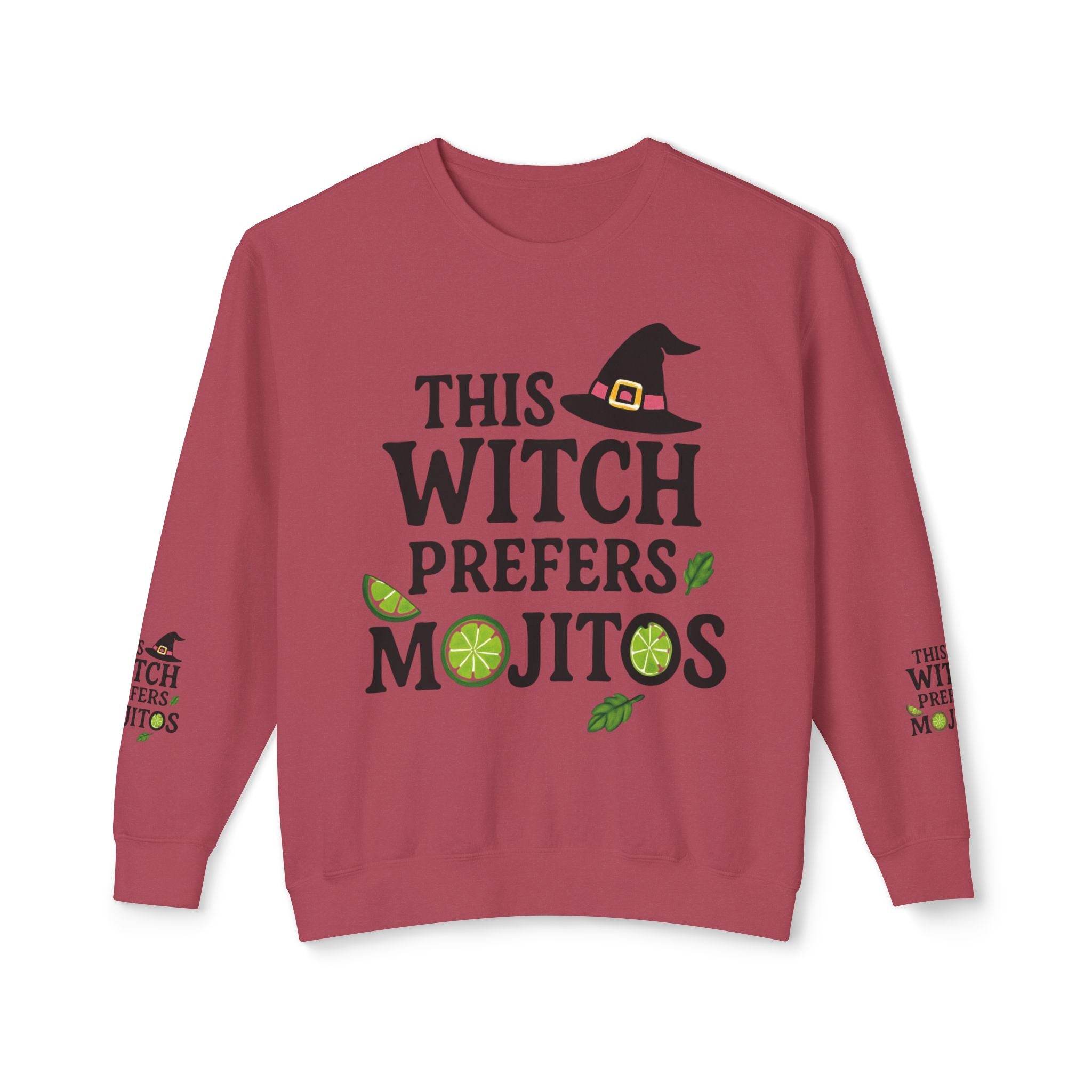 Printify eco-friendly witch sweatshirt maroon crewneck with witch hat This Witch Prefers Mojitos design lime and mint graphics