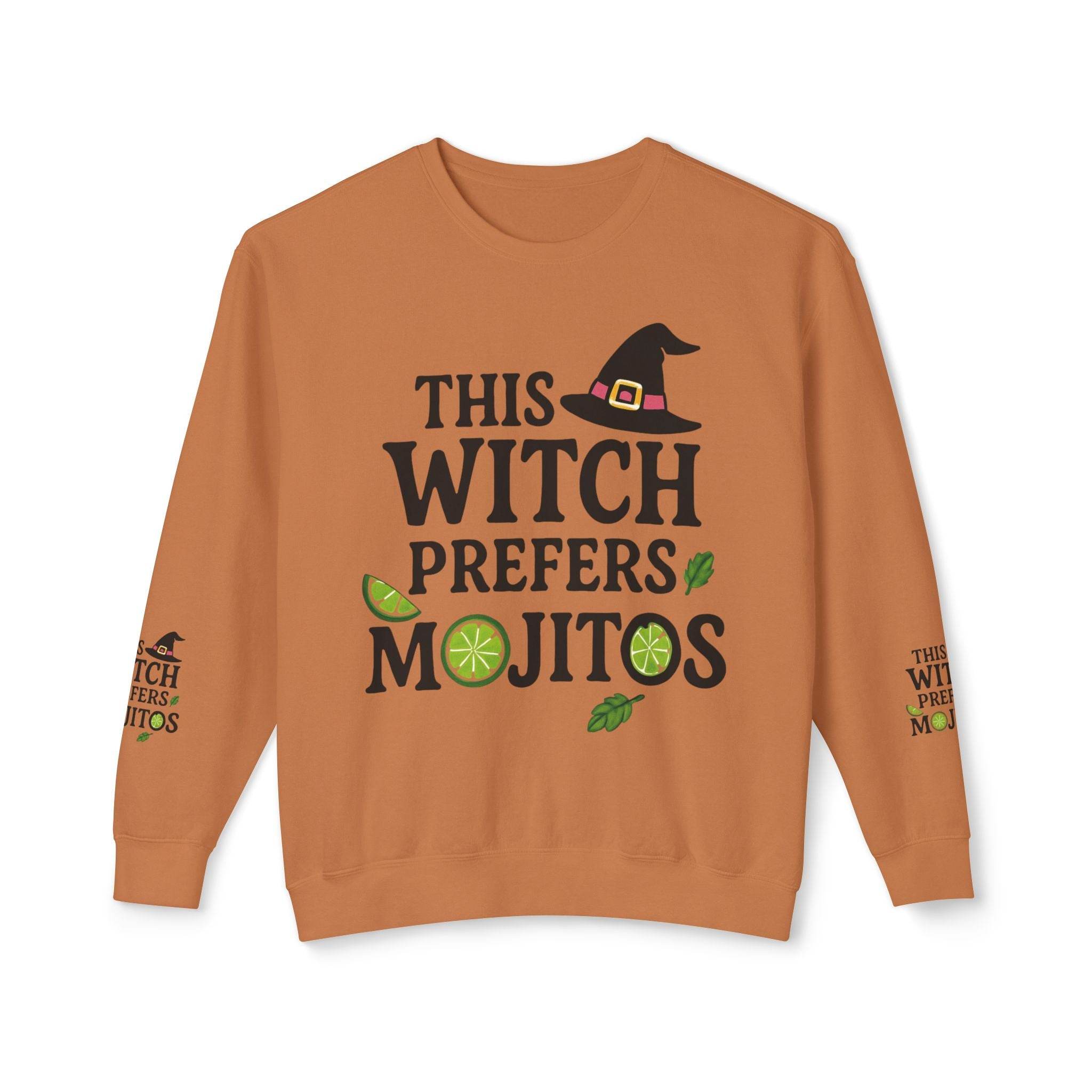 eco-friendly witch sweatshirt orange crewneck with This Witch Prefers Mojitos graphic lime slices mint leaves and sleeve prints