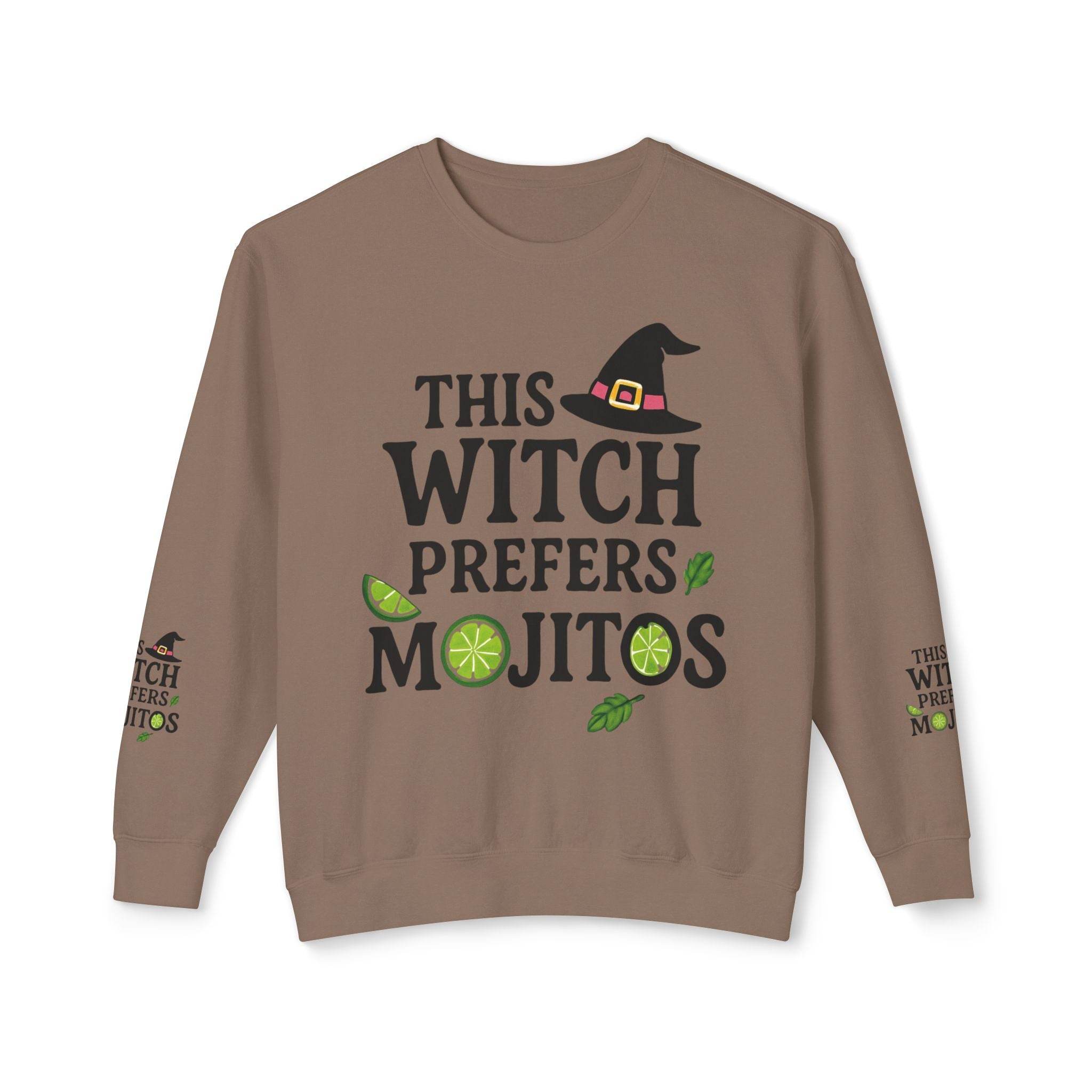eco-friendly witch sweatshirt brown crewneck with This Witch Prefers Mojitos print lime slices and witch hat