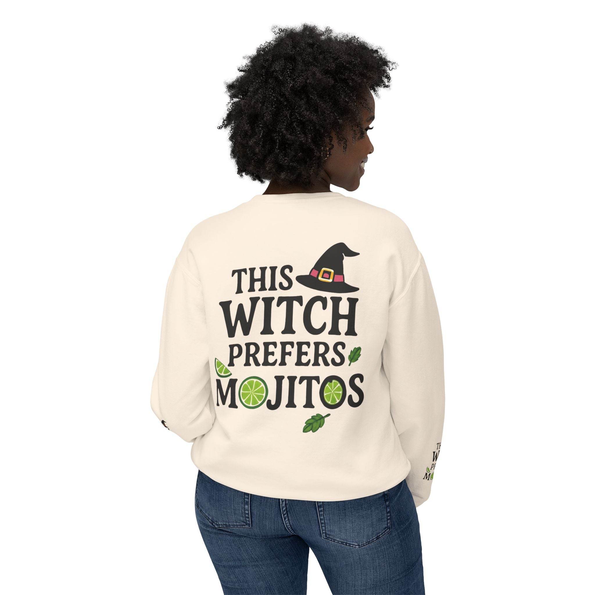 Printify cream sweatshirt on model showing back This Witch Prefers Mojitos graphic with lime accents eco-friendly witch sweatshirt