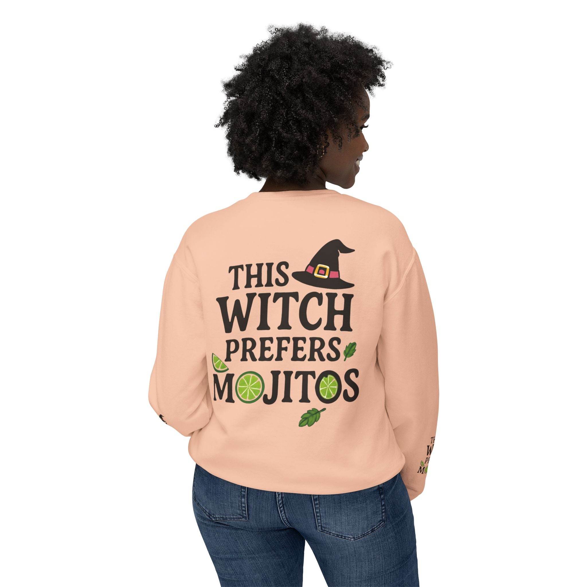 eco-friendly witch sweatshirt Printify peach back view with This Witch Prefers Mojitos graphic