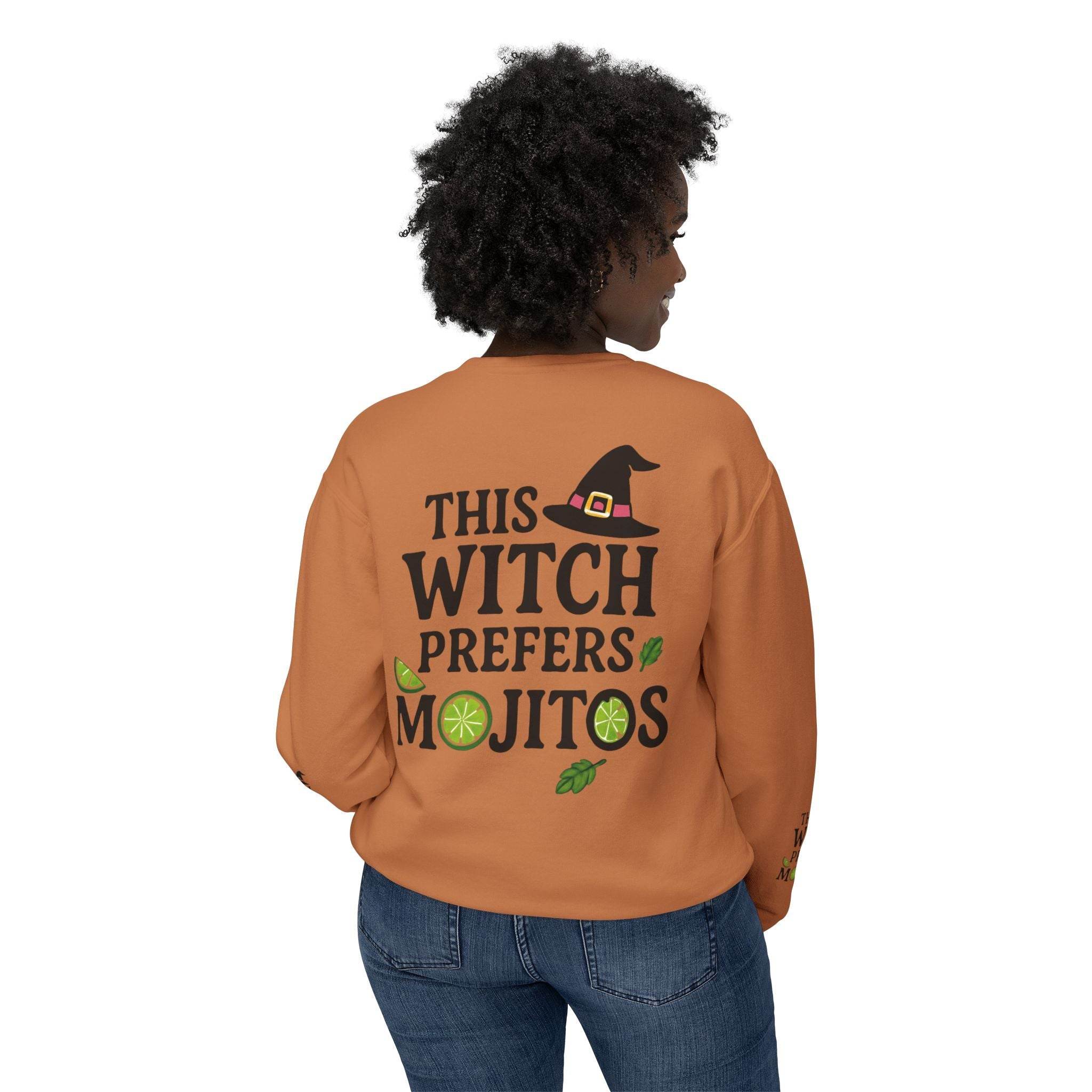 Printify eco-friendly witch sweatshirt in burnt orange with back This Witch Prefers Mojitos print lime and mint accents