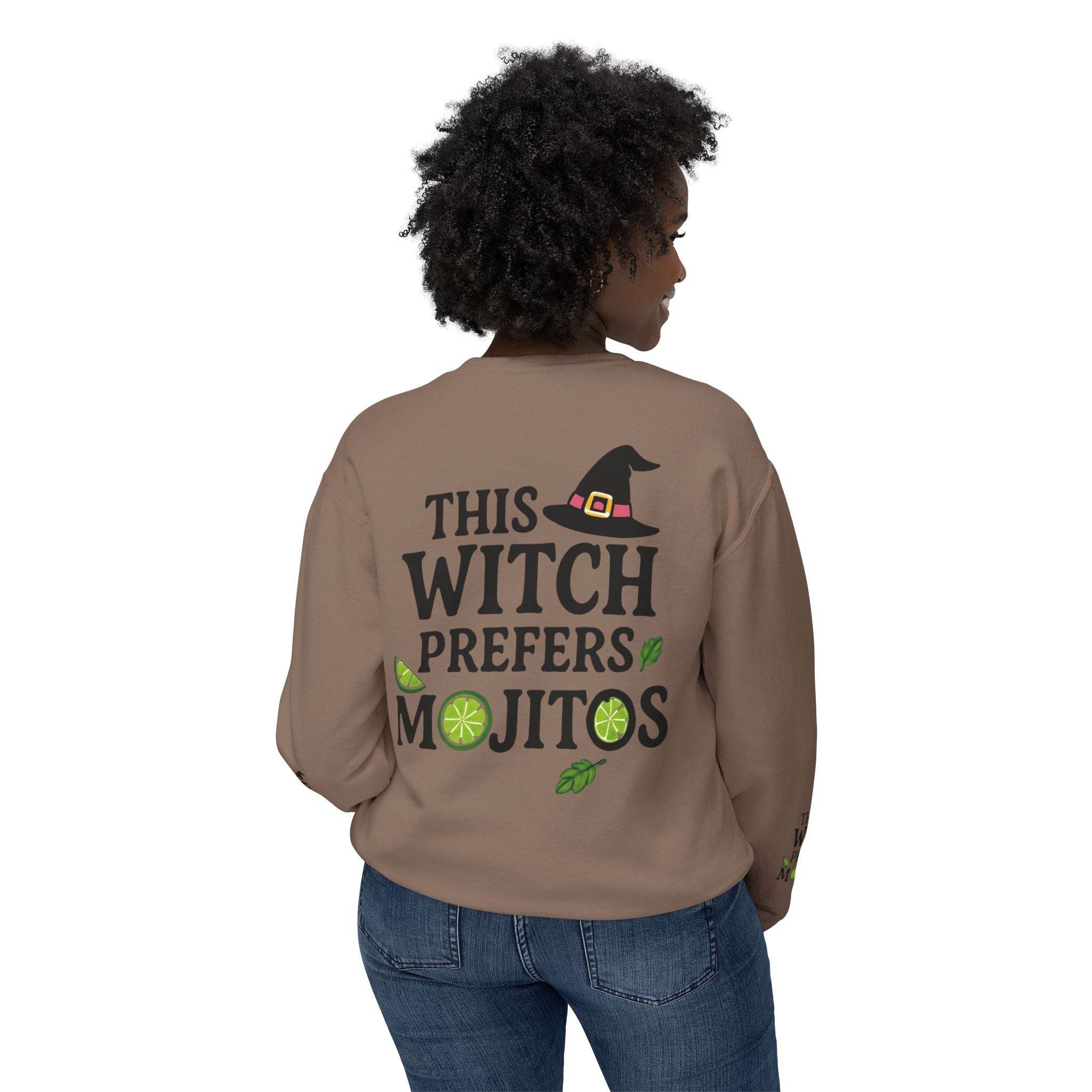 Back view of Printify brown eco-friendly witch sweatshirt with This Witch Prefers Mojitos graphic lime and mint