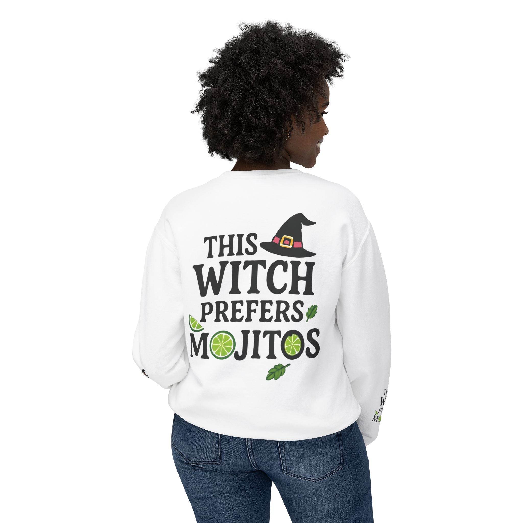 Printify eco-friendly witch sweatshirt white back print reads This Witch Prefers Mojitos with witch hat and lime slices