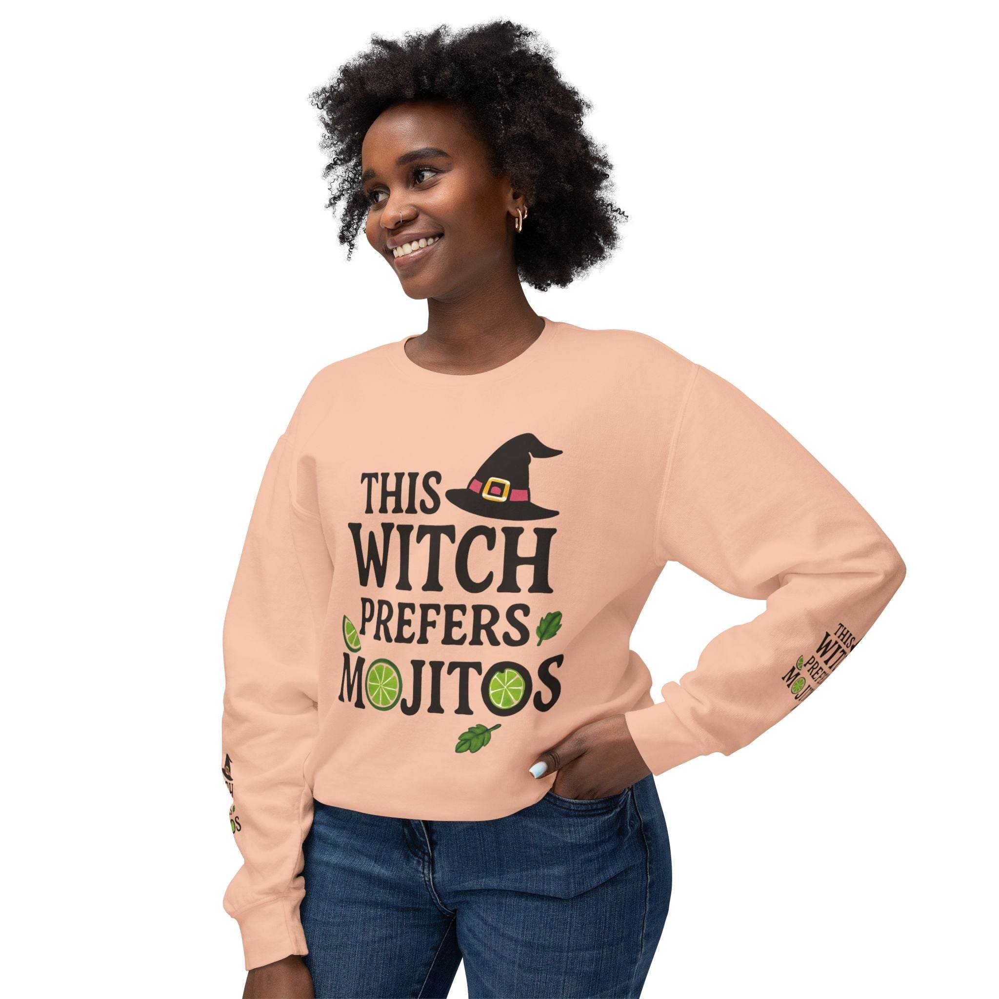 eco-friendly witch sweatshirt Printify peach crewneck with This Witch Prefers Mojitos graphic witch hat lime accents