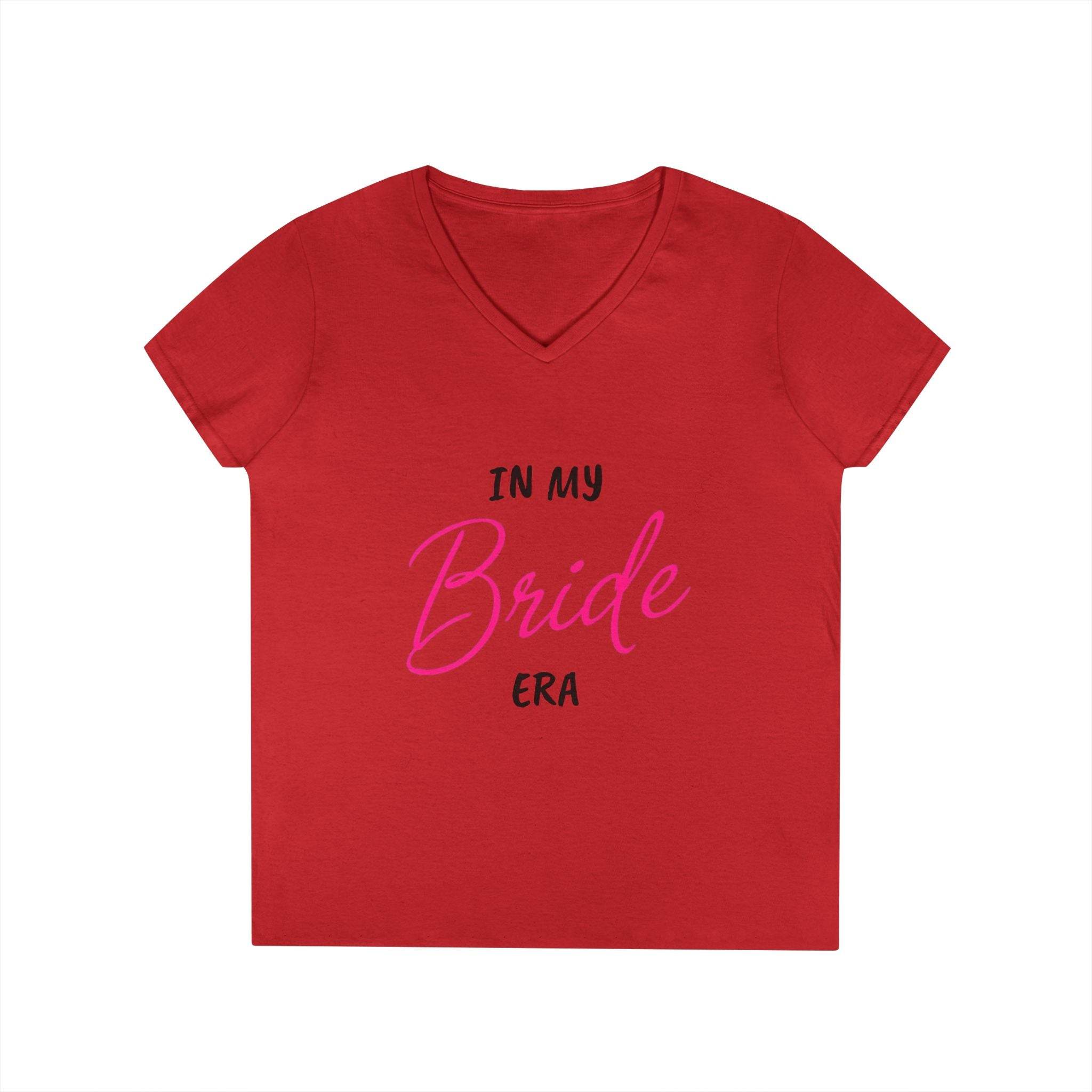 Red V neck eco-friendly bride t-shirt with pink script In my Bride era print