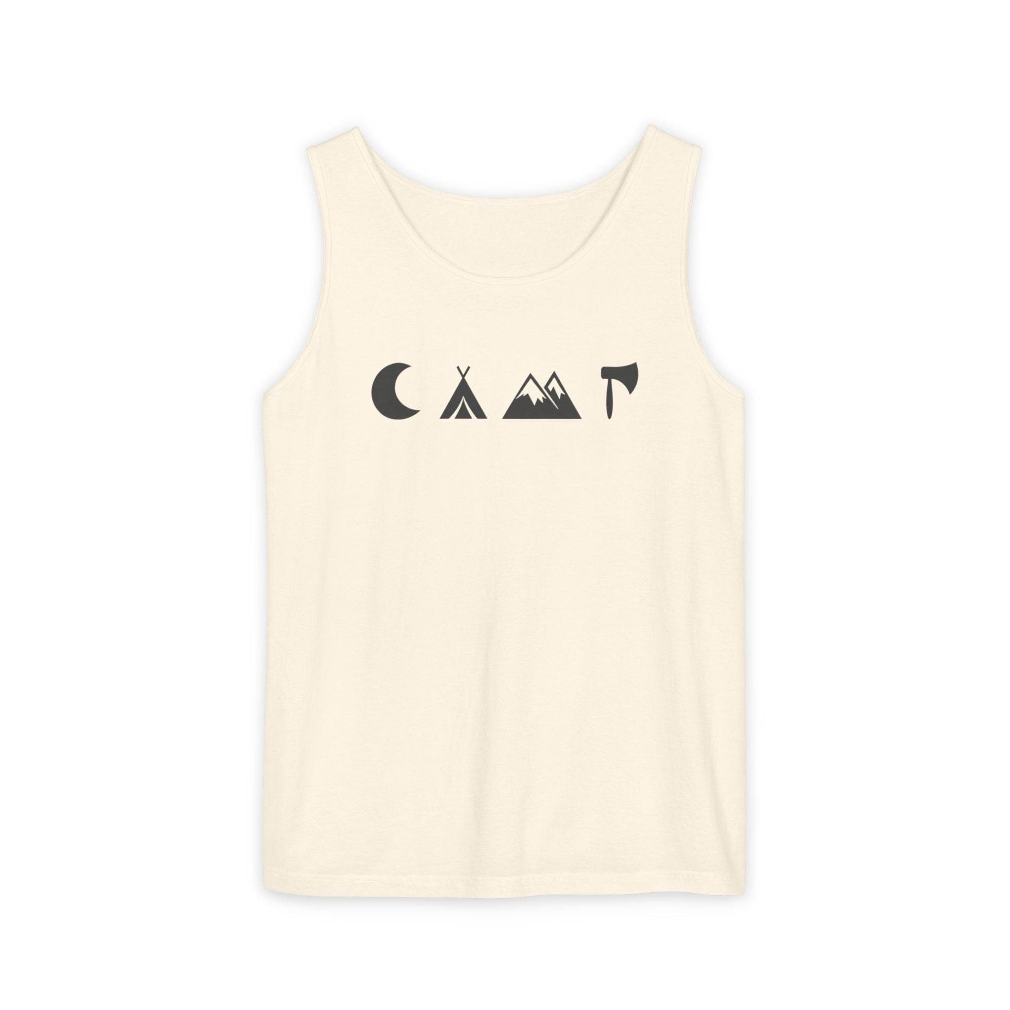 Printify cream eco-friendly unisex tank top with minimalist black camping icons of moon teepee mountains and axe