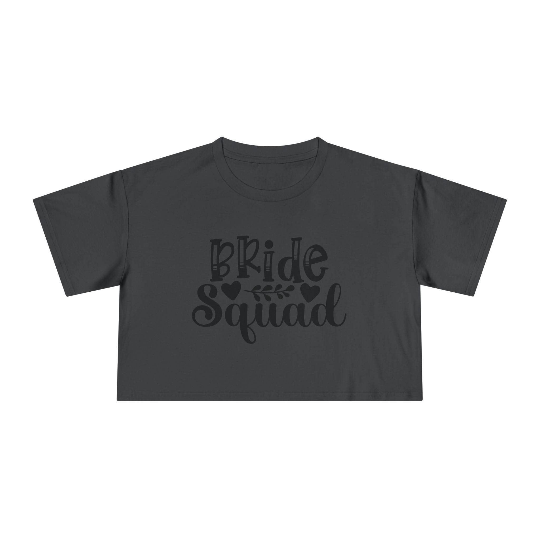 Printify eco-friendly bride squad crop top charcoal gray cropped tee with Bride Squad script print for bachelorette party