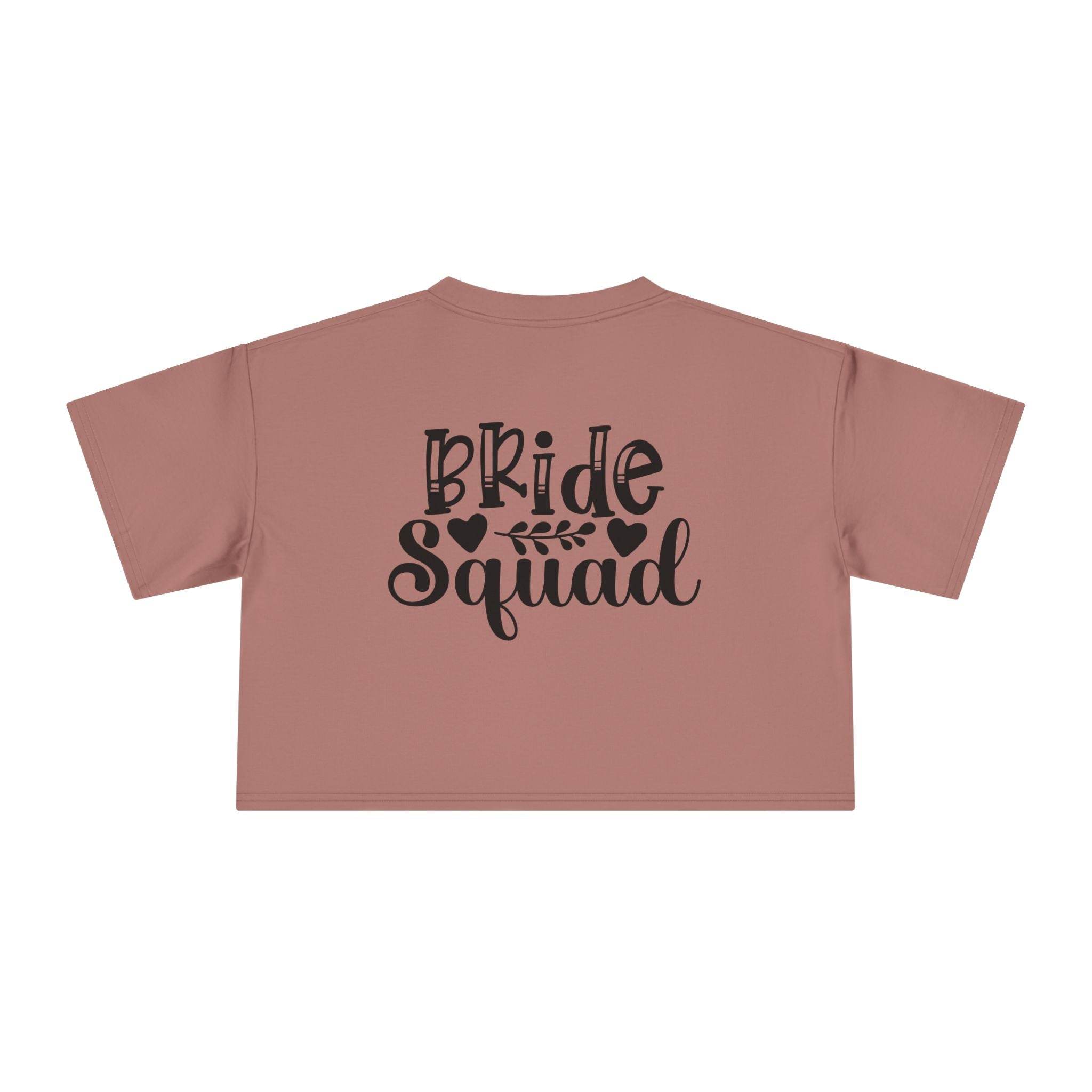 Printify eco-friendly bride squad crop top dusty rose cropped t shirt with black back Bride Squad print
