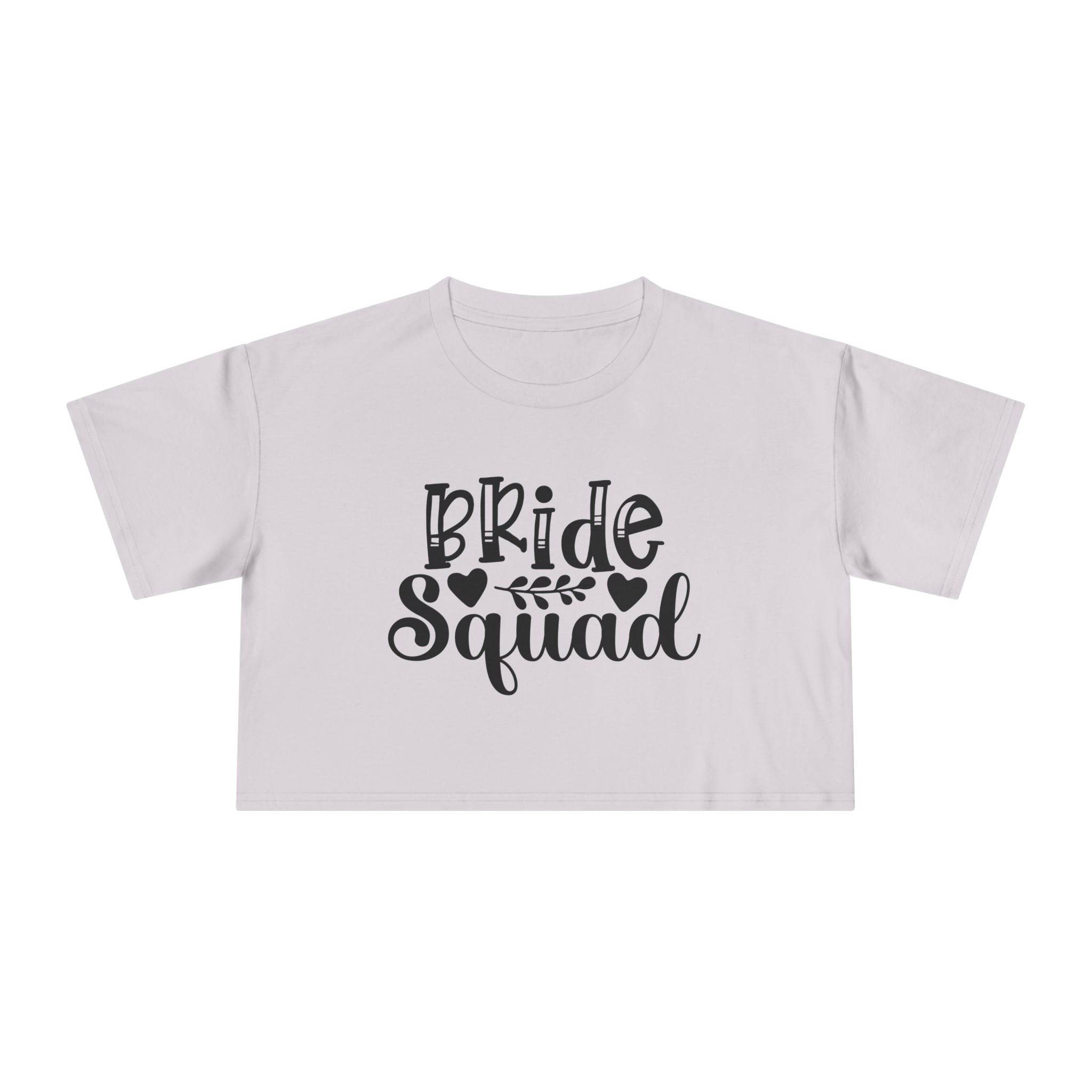 Printify eco-friendly bride squad crop top white cropped t shirt with black Bride Squad script design