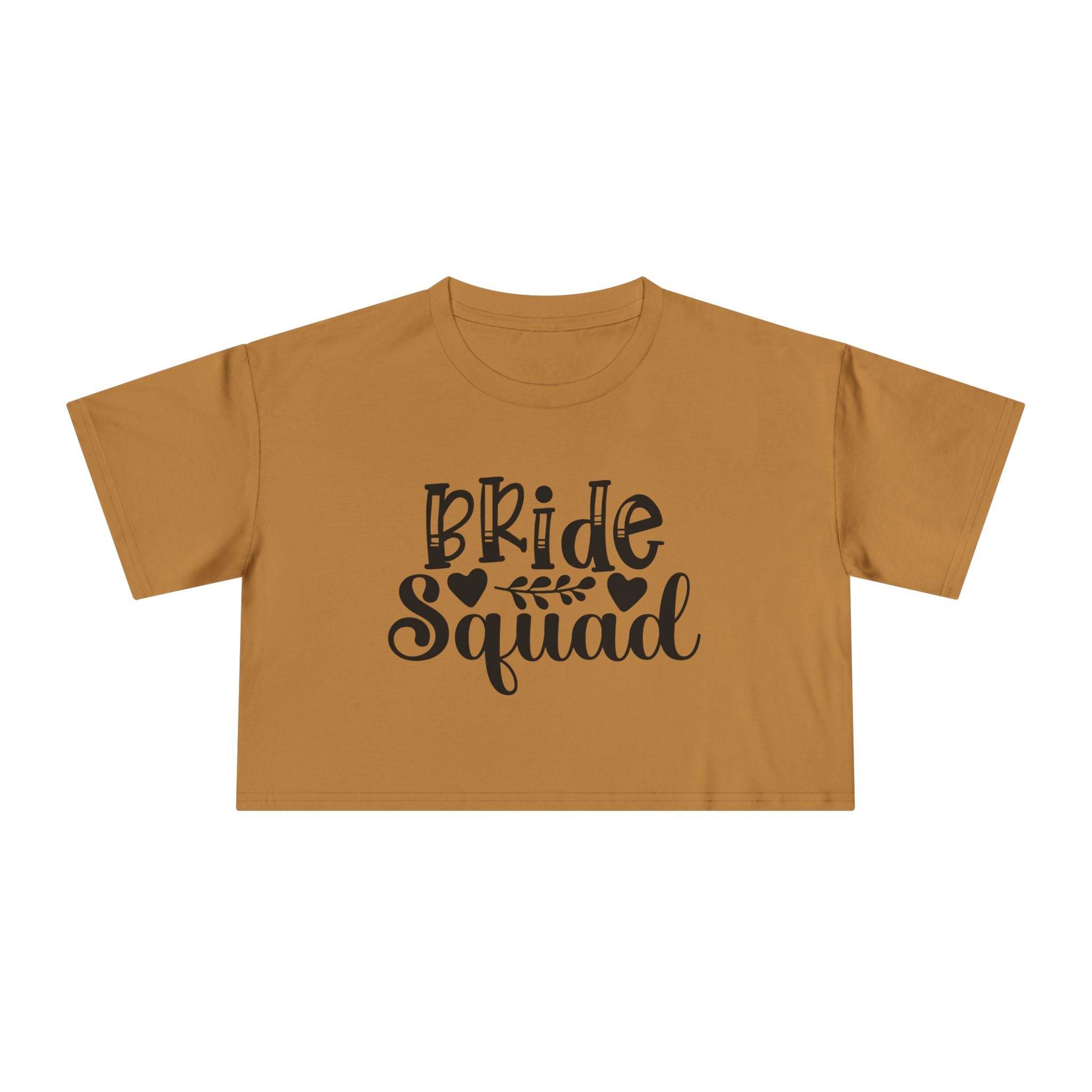 eco-friendly bride squad crop top brown boxy short sleeve tee with black Bride Squad script and leaf