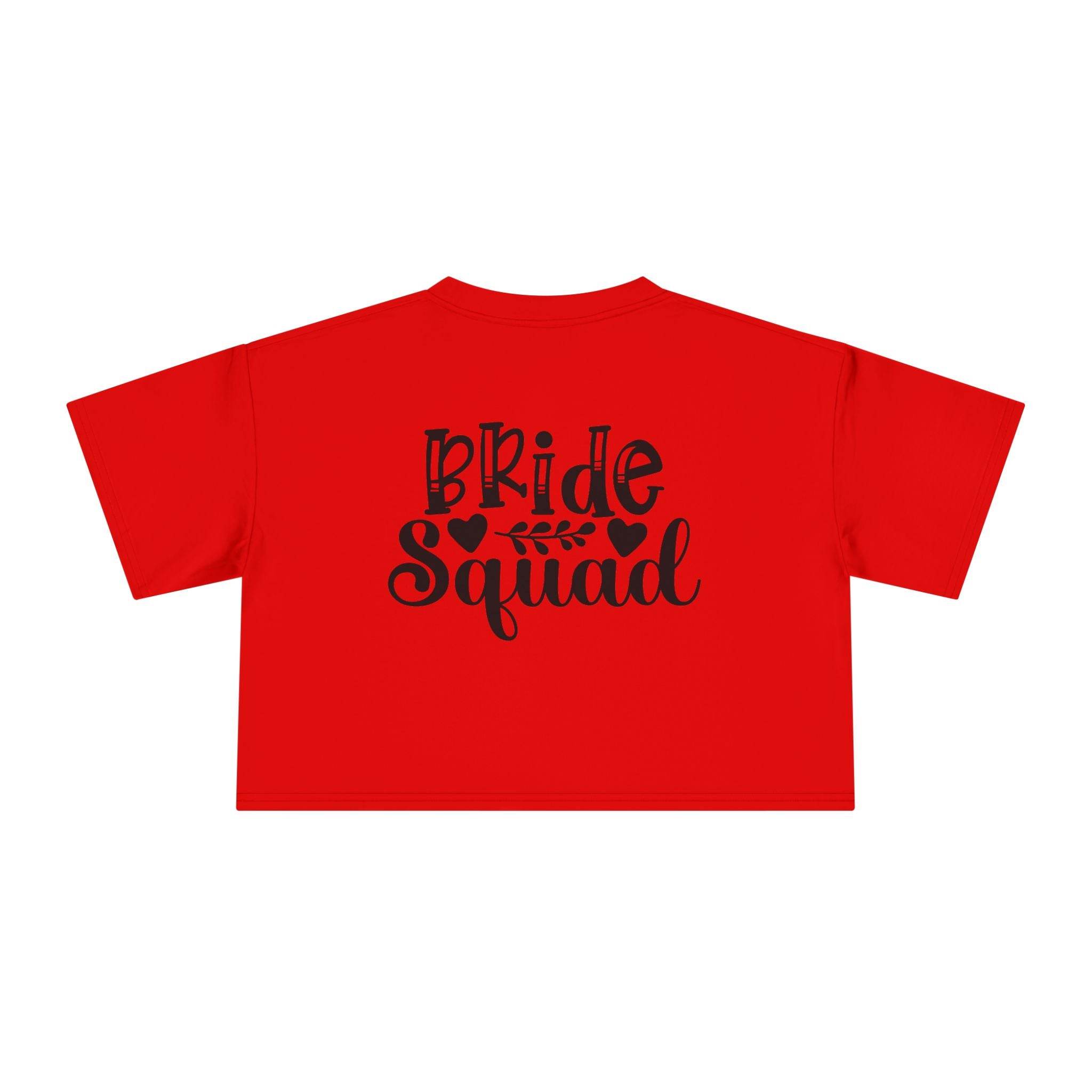Red cropped T shirt back view with black Bride Squad graphic eco-friendly bride squad crop top for bachelorette groups