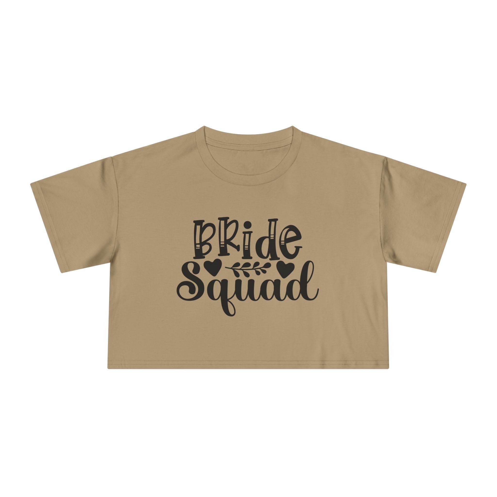 Printify eco-friendly bride squad crop top beige cropped tee with black Bride Squad script and leaf design