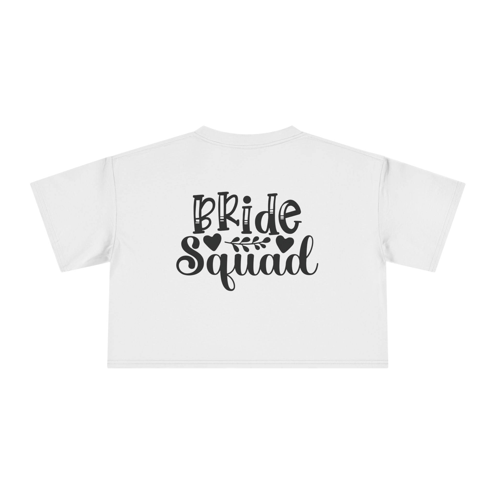 Printify white cropped t shirt with black Bride Squad script on back eco-friendly bride squad crop top for bachelorette