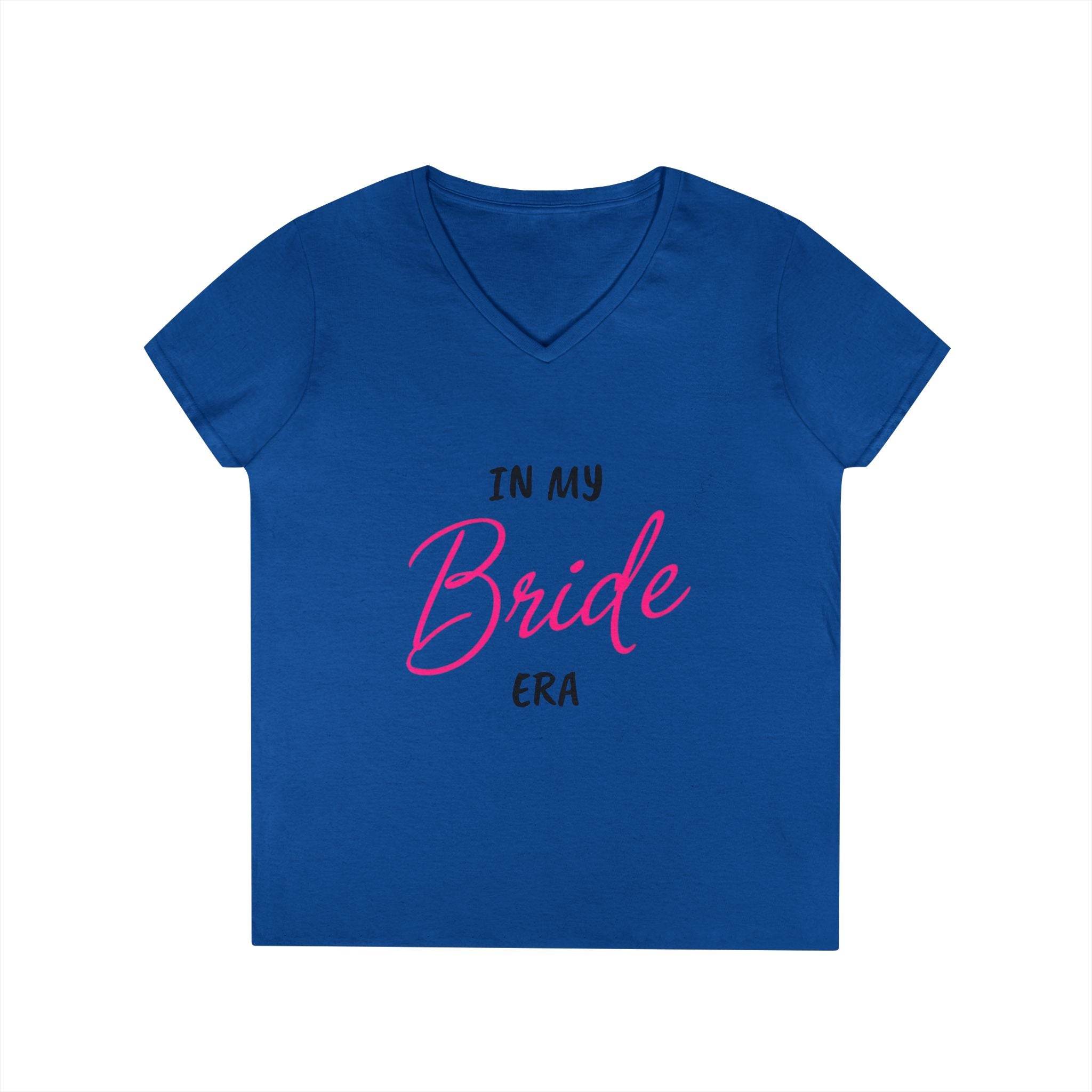 Printify blue v neck eco-friendly bride t-shirt with pink Bride script text reading In my Bride era