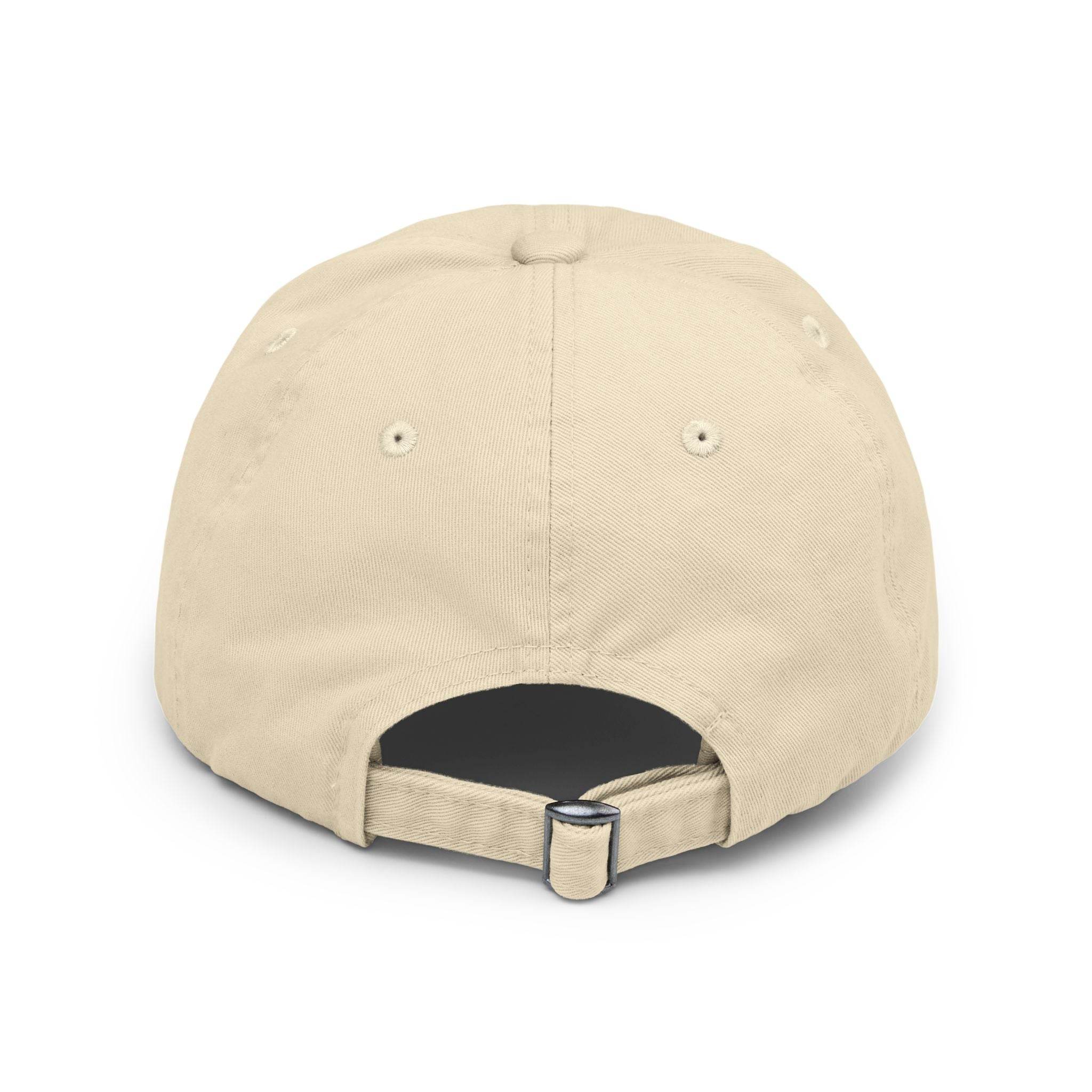 Back view of beige adjustable baseball cap Printify eco-friendly pet lover hat with metal buckle closure