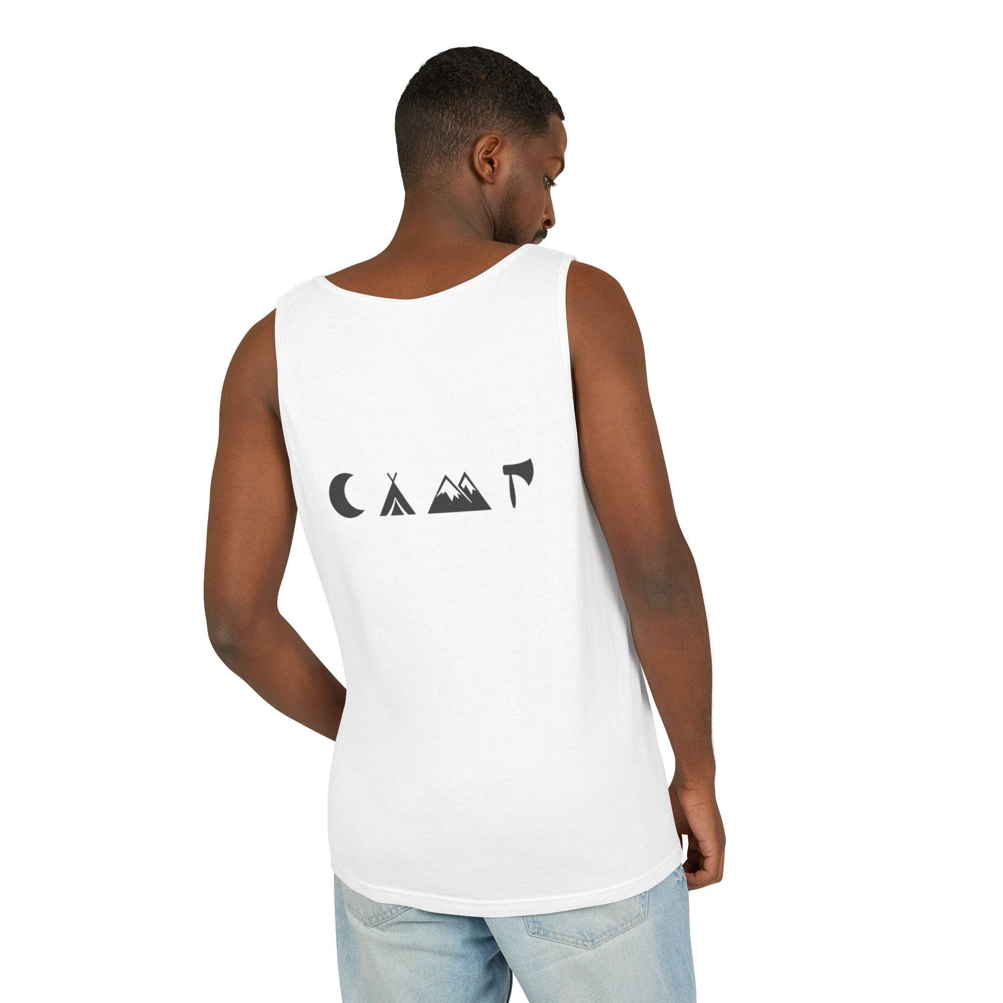 Male model back view wearing a Printify white eco-friendly unisex tank top with black camping icons