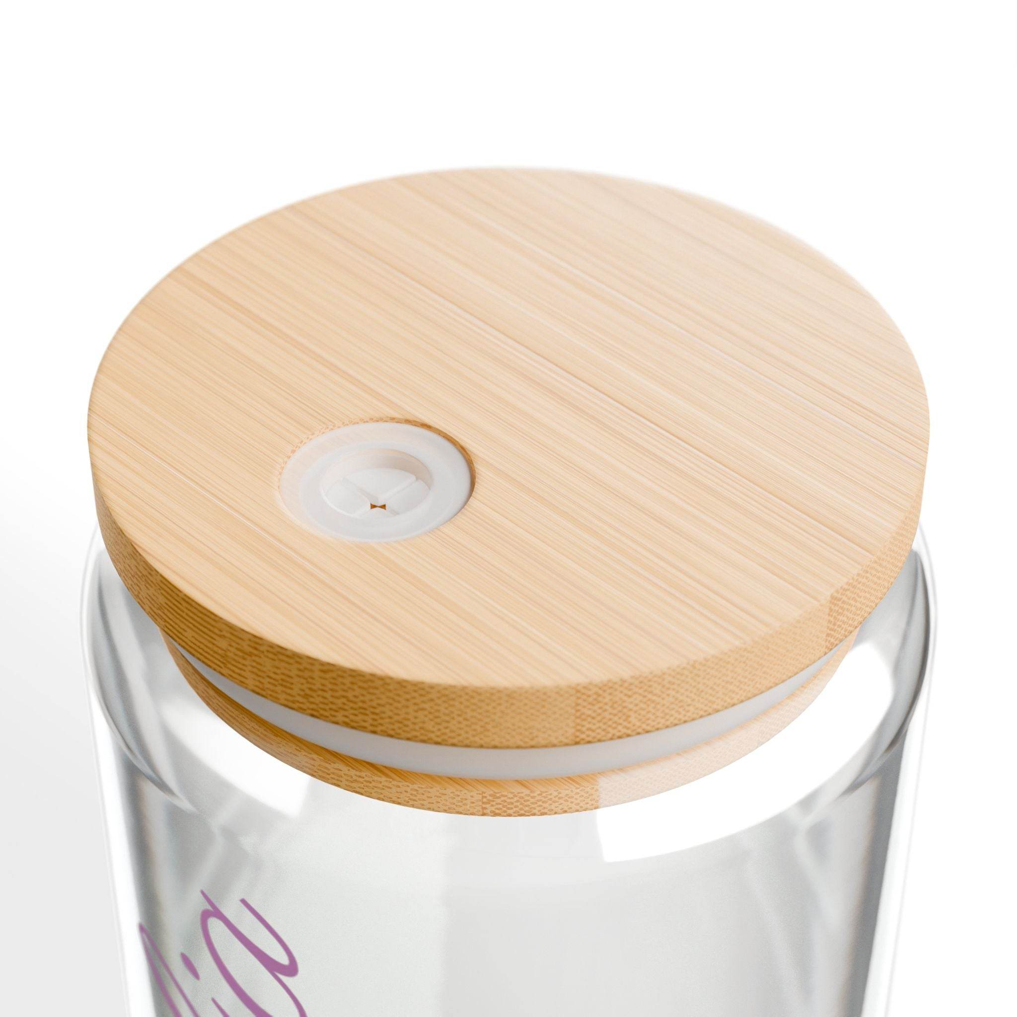 Printify personalized glass sipper with bamboo lid showing top bamboo lid with silicone seal and drinking valve