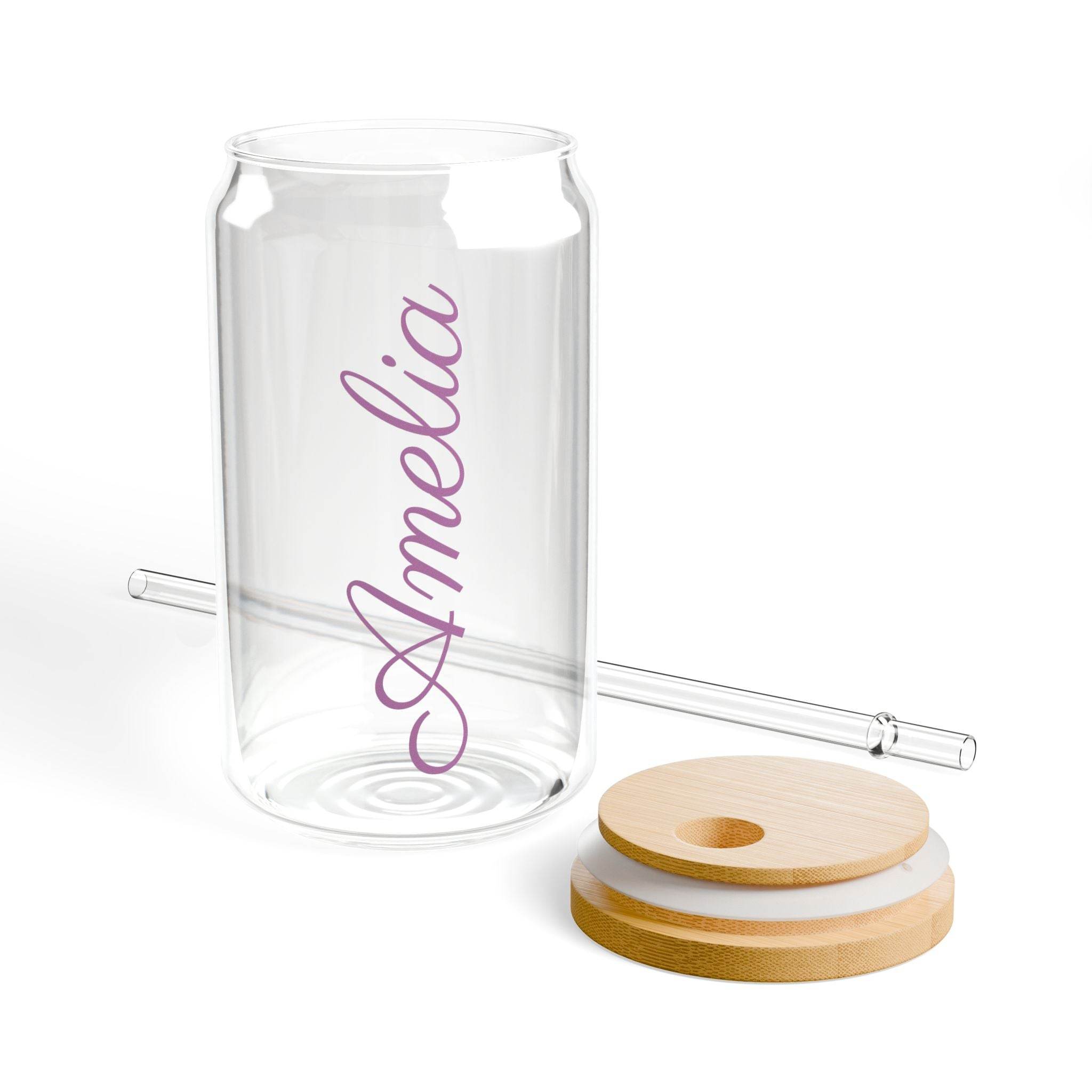 Printify personalized glass sipper with bamboo lid clear can shaped tumbler with straw and Amelia name