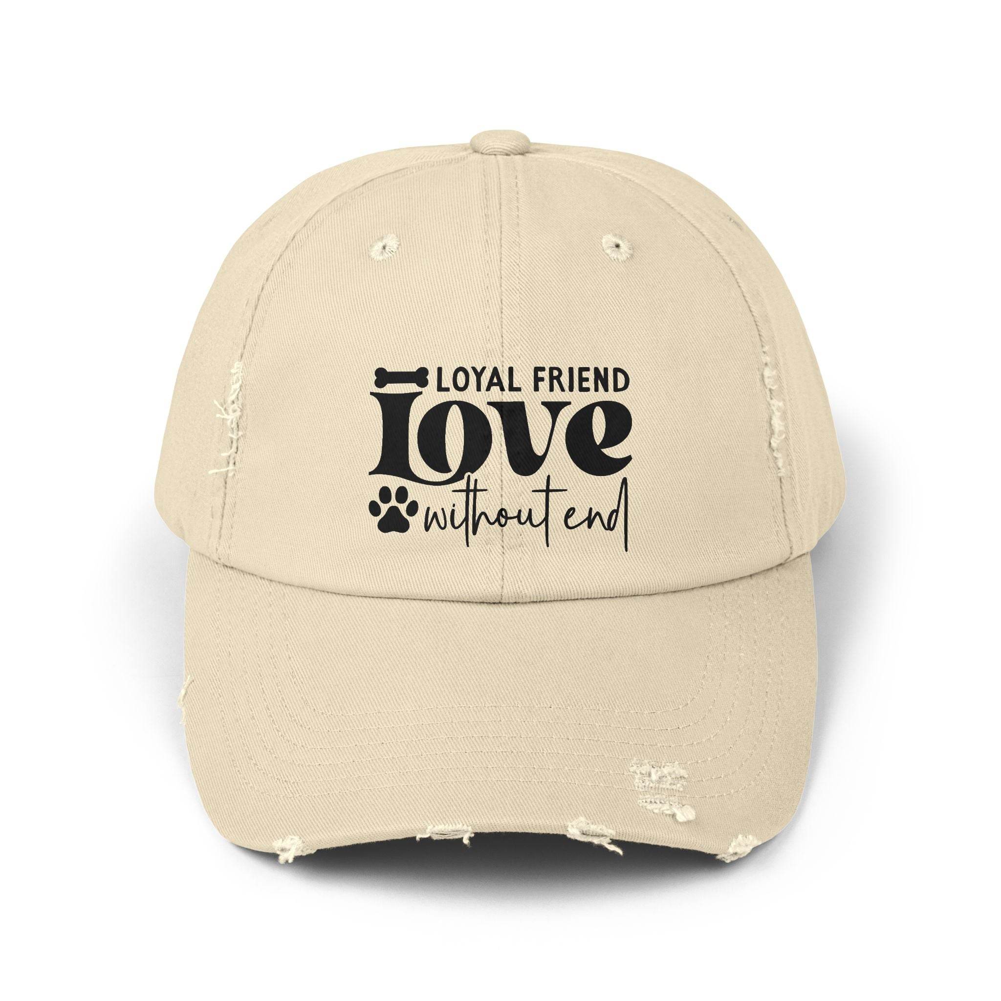 Printify distressed beige baseball cap with Loyal Friend love without end paw print design eco-friendly pet lover hat