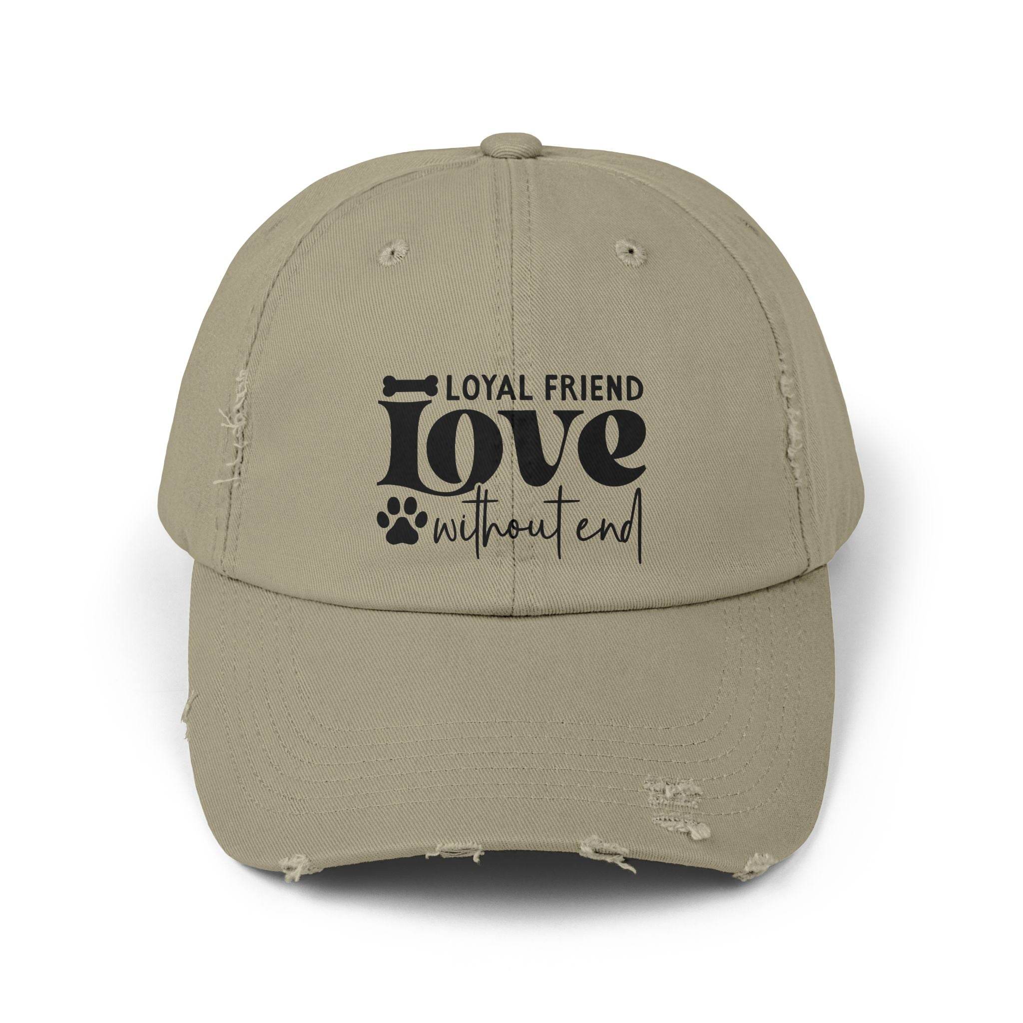 Khaki distressed baseball cap with black Loyal Friend love without end paw print design eco-friendly pet lover hat