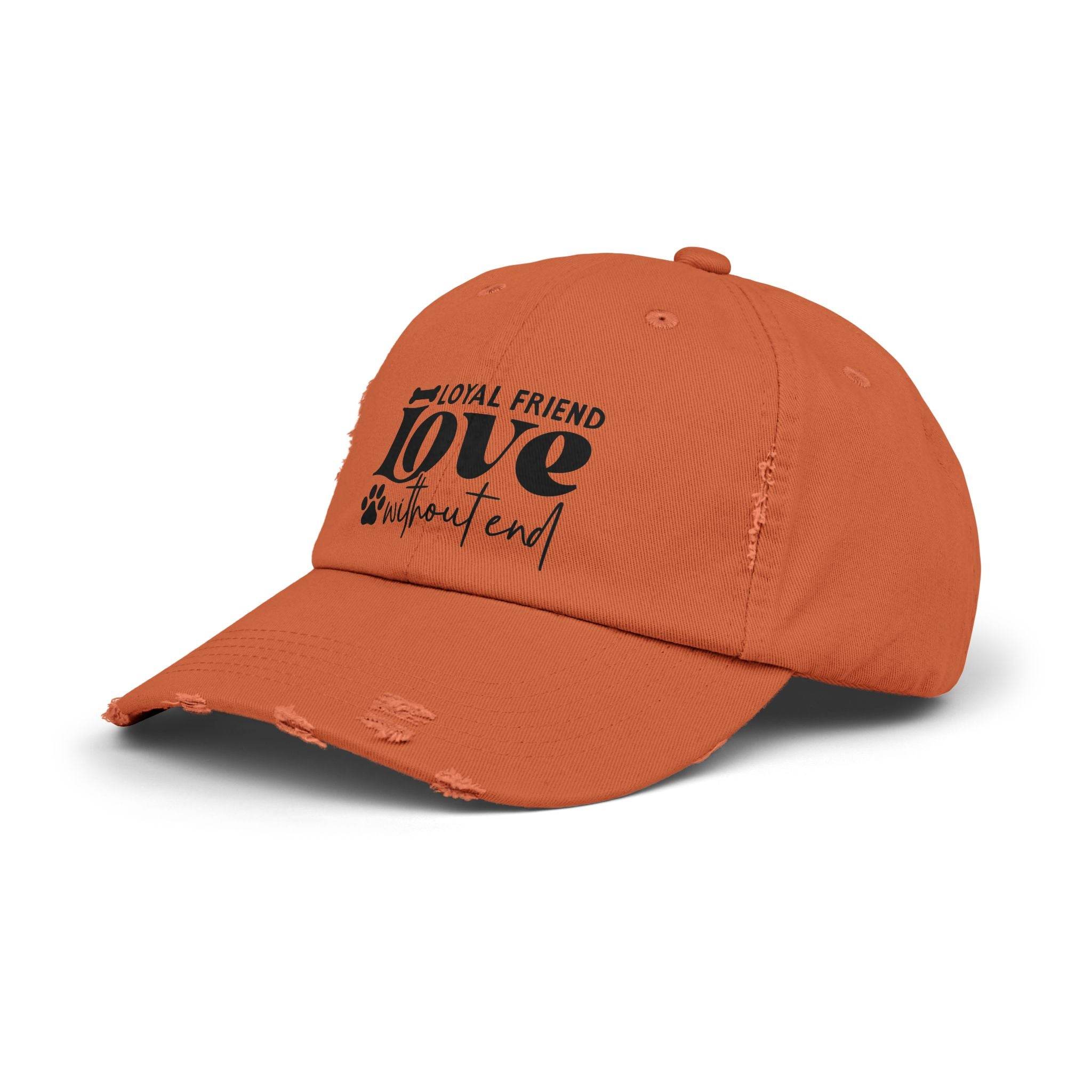 Orange distressed baseball cap with paw print design and loyalty slogan by Printify eco-friendly pet lover hat for animal lovers