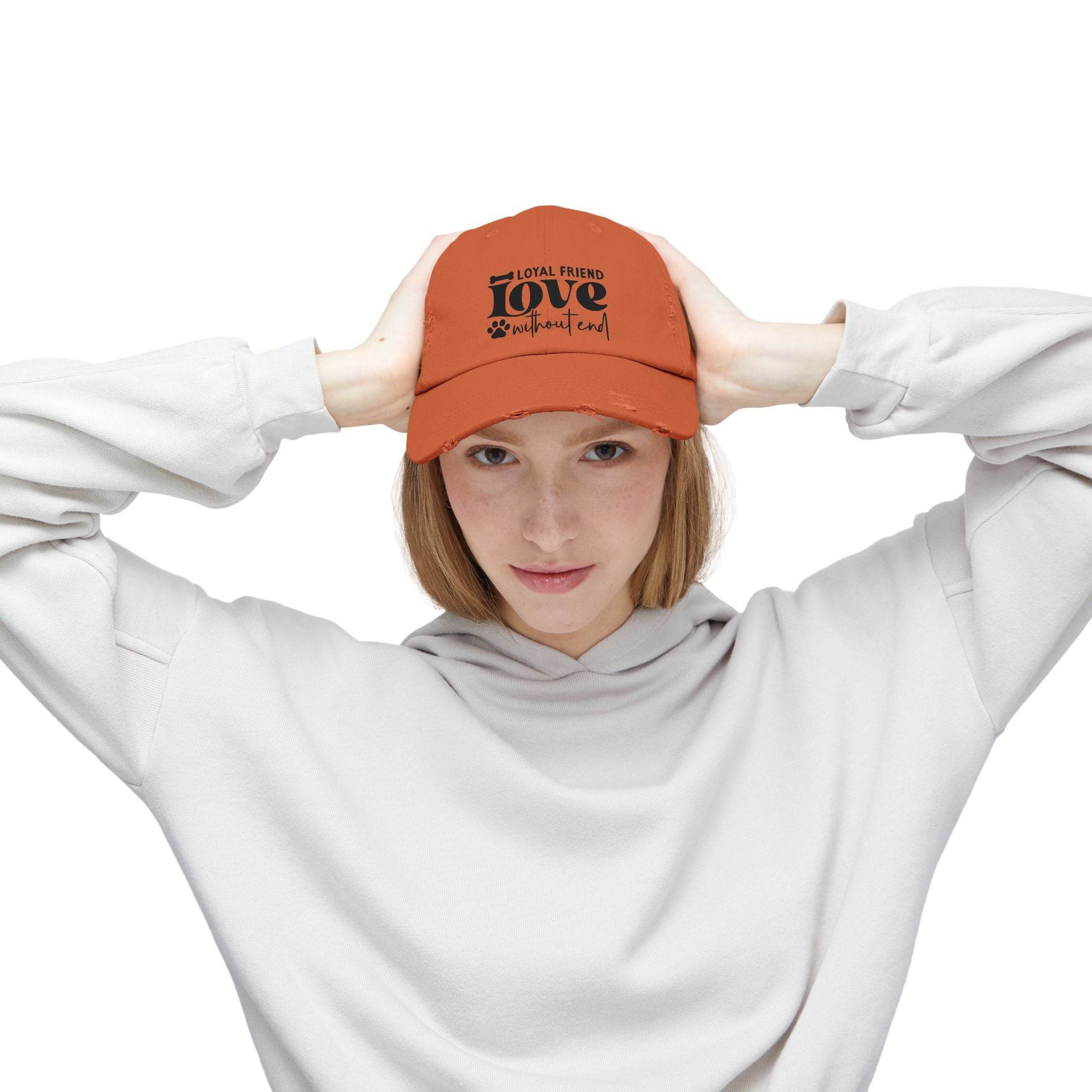 Printify eco-friendly pet lover hat orange baseball cap with paw print design worn by model