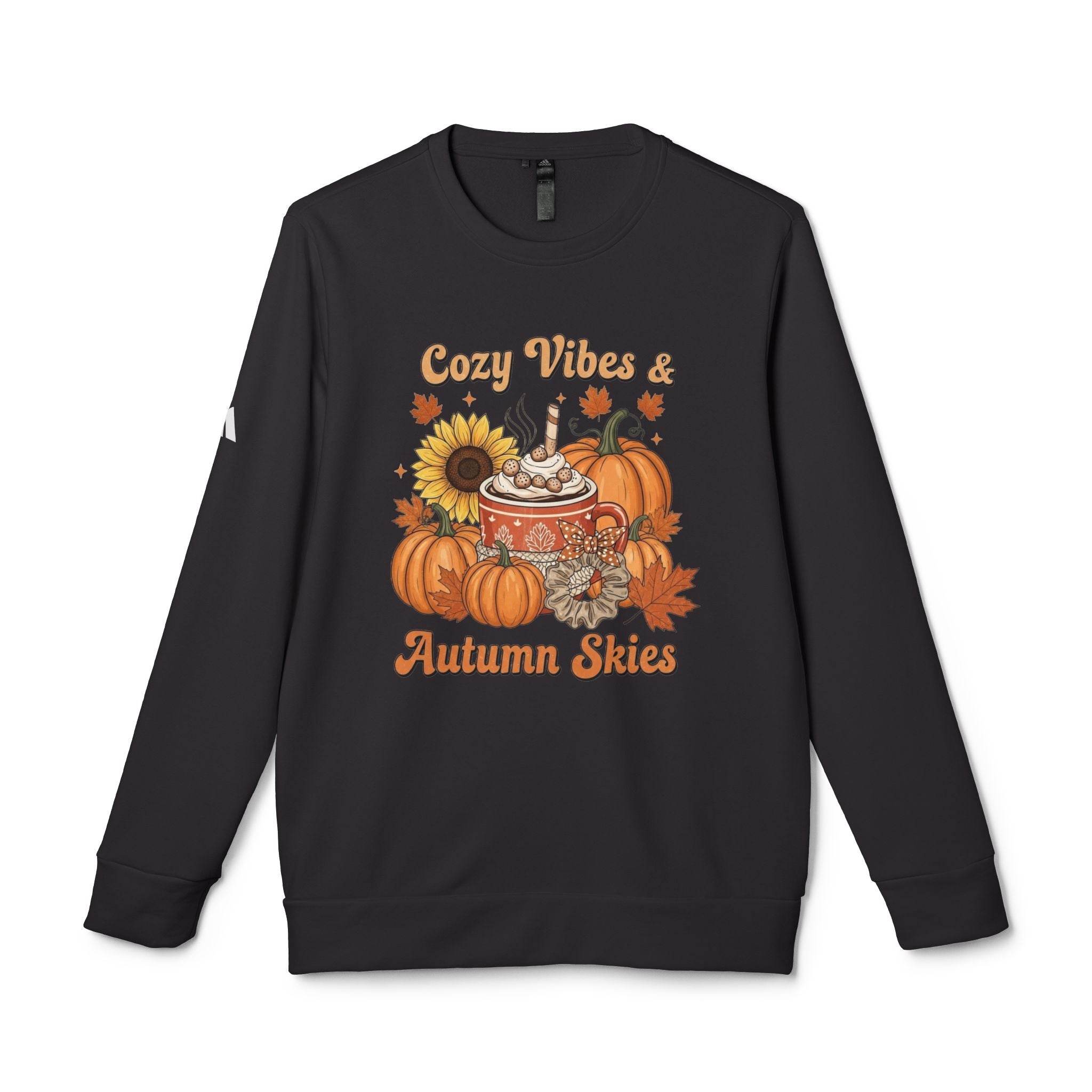 Printify black crewneck eco-friendly autumn sweatshirt with pumpkins sunflower mug and Cozy Vibes Autumn Skies print