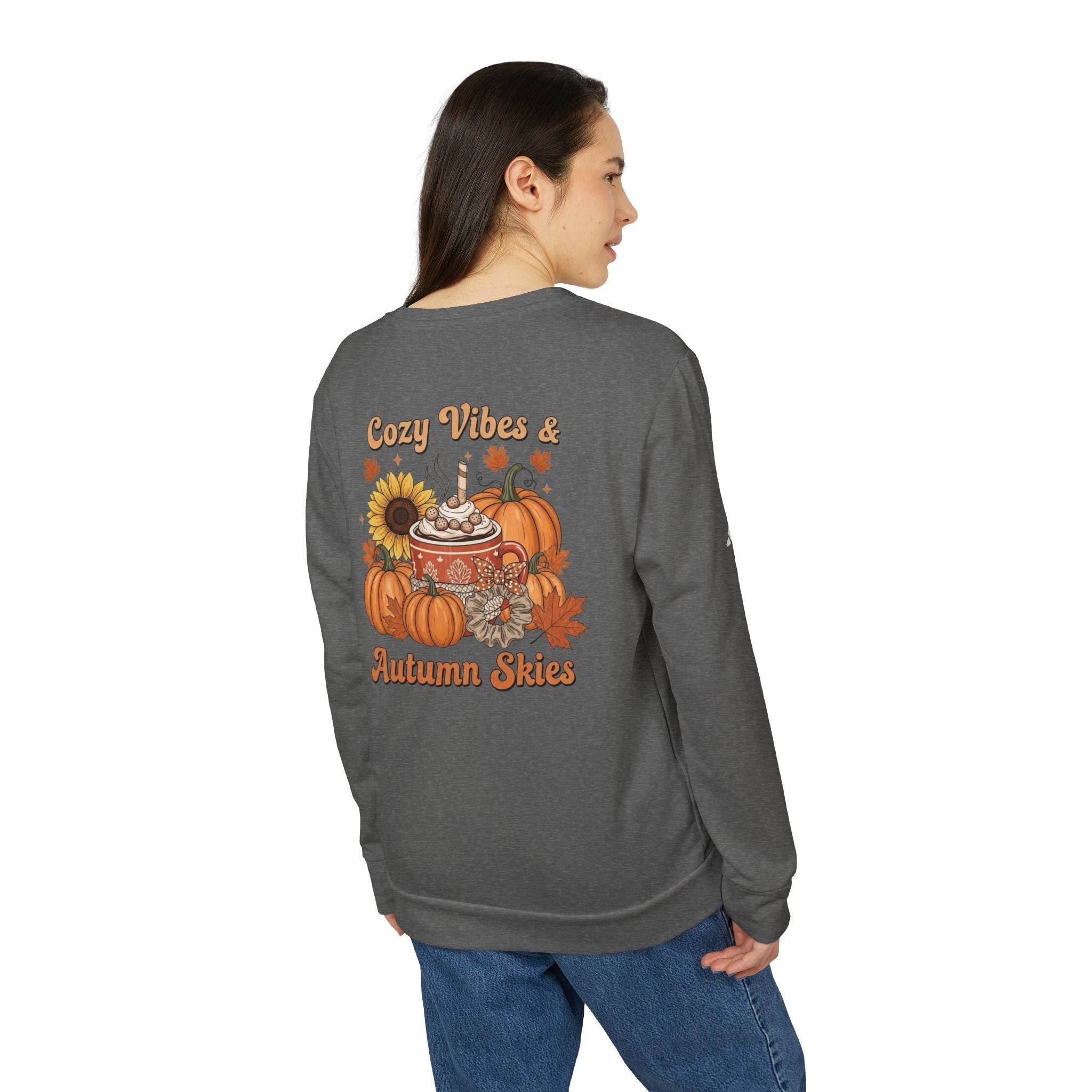 Printify eco-friendly autumn sweatshirt dark gray with back pumpkin sunflower pie graphic and Cozy Vibes text