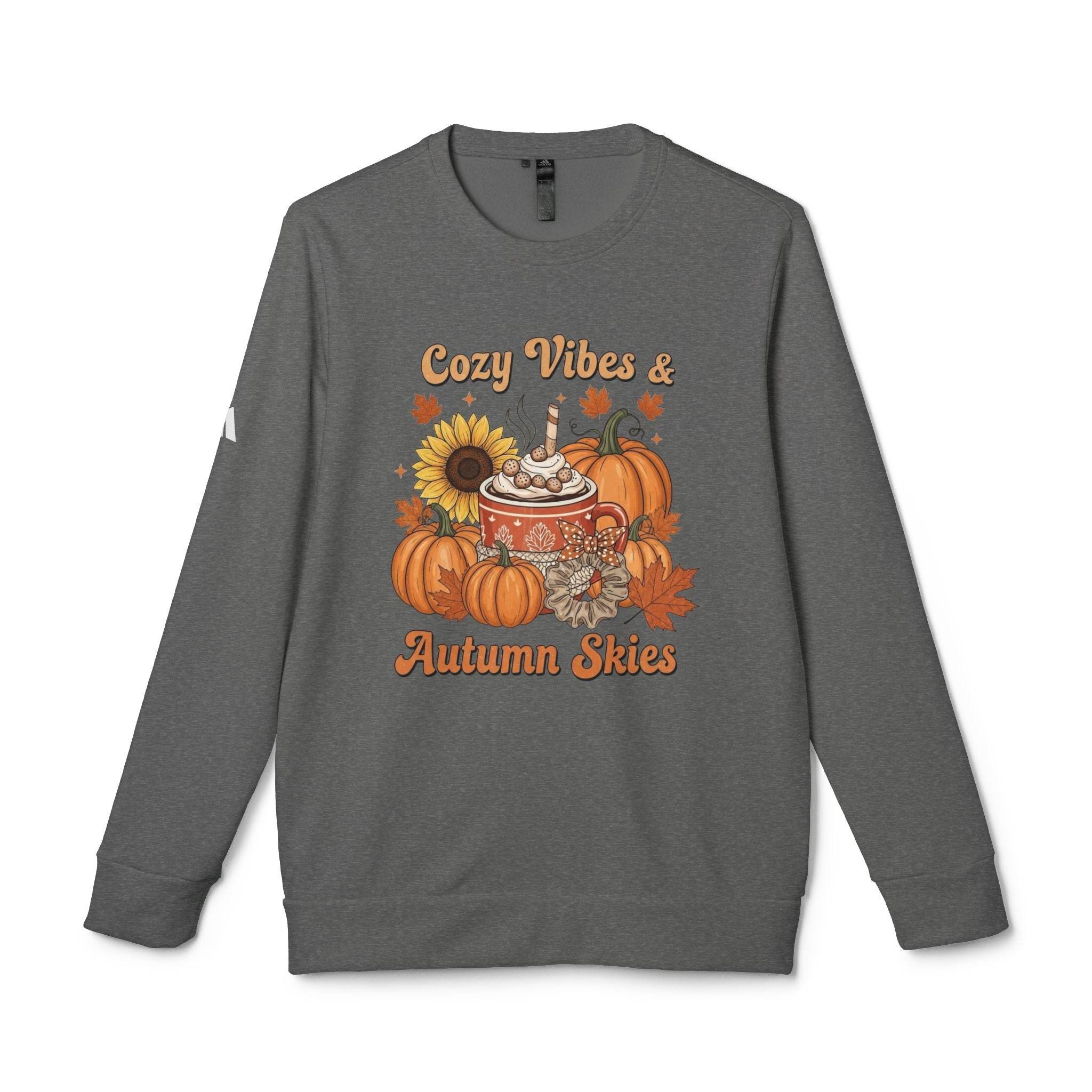 Printify grey crewneck sweatshirt featuring Cozy Vibes and Autumn Skies pumpkin sunflower mug print eco-friendly autumn sweatshirt