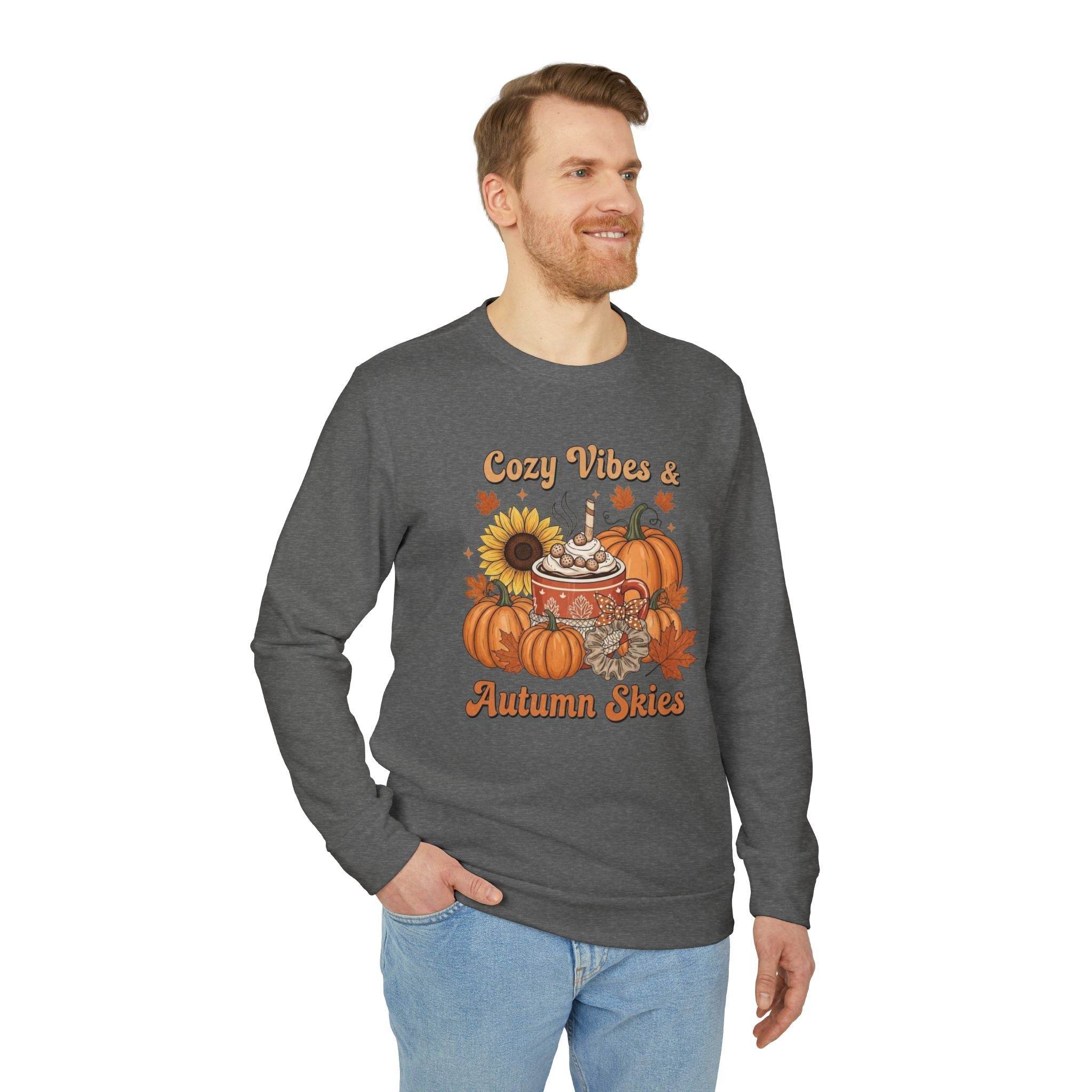 Printify mens gray sweatshirt with Cozy Vibes and Autumn Skies pumpkin sunflower mug print eco-friendly autumn sweatshirt
