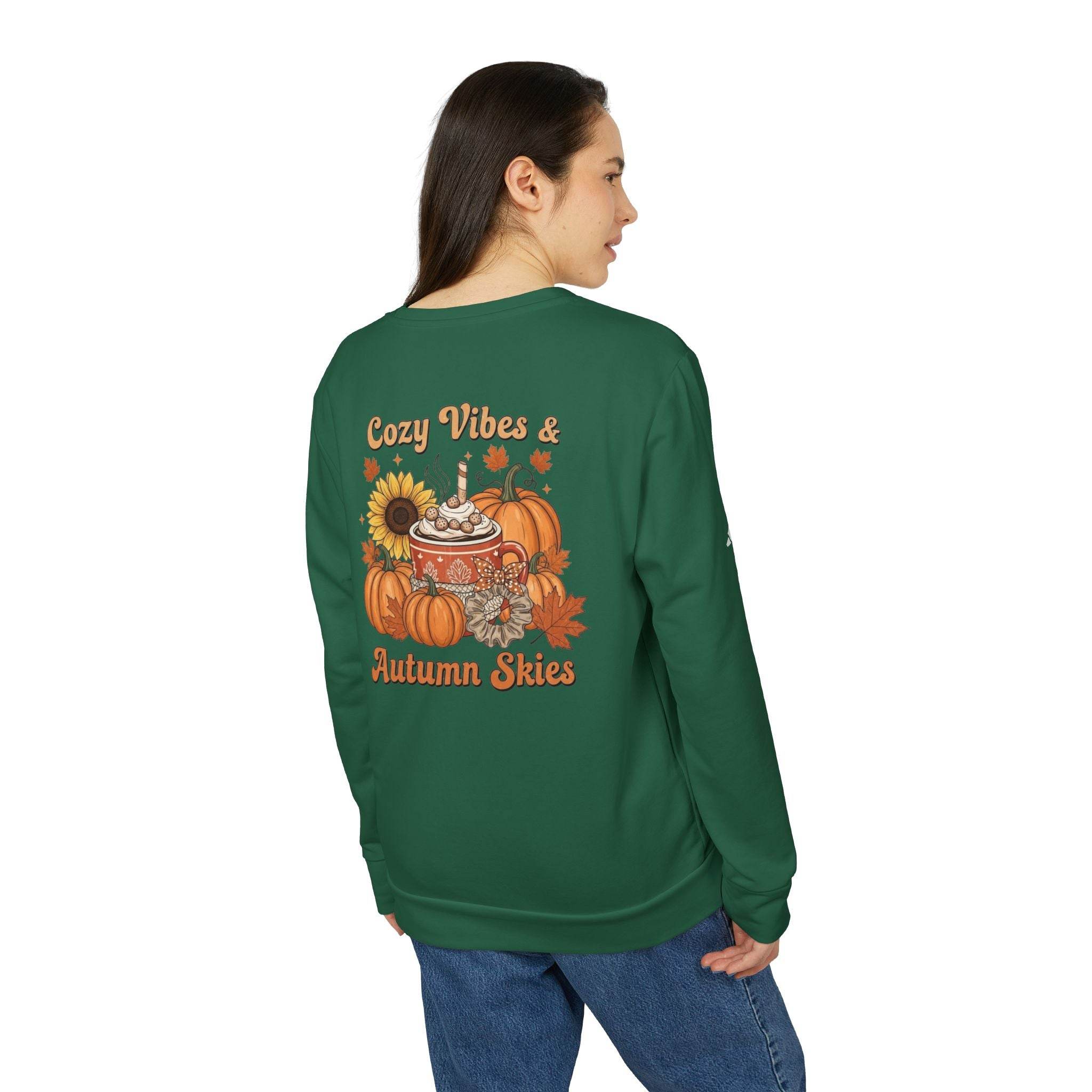 Printify eco-friendly autumn sweatshirt green crewneck showing back fall graphic with pumpkins and sunflower