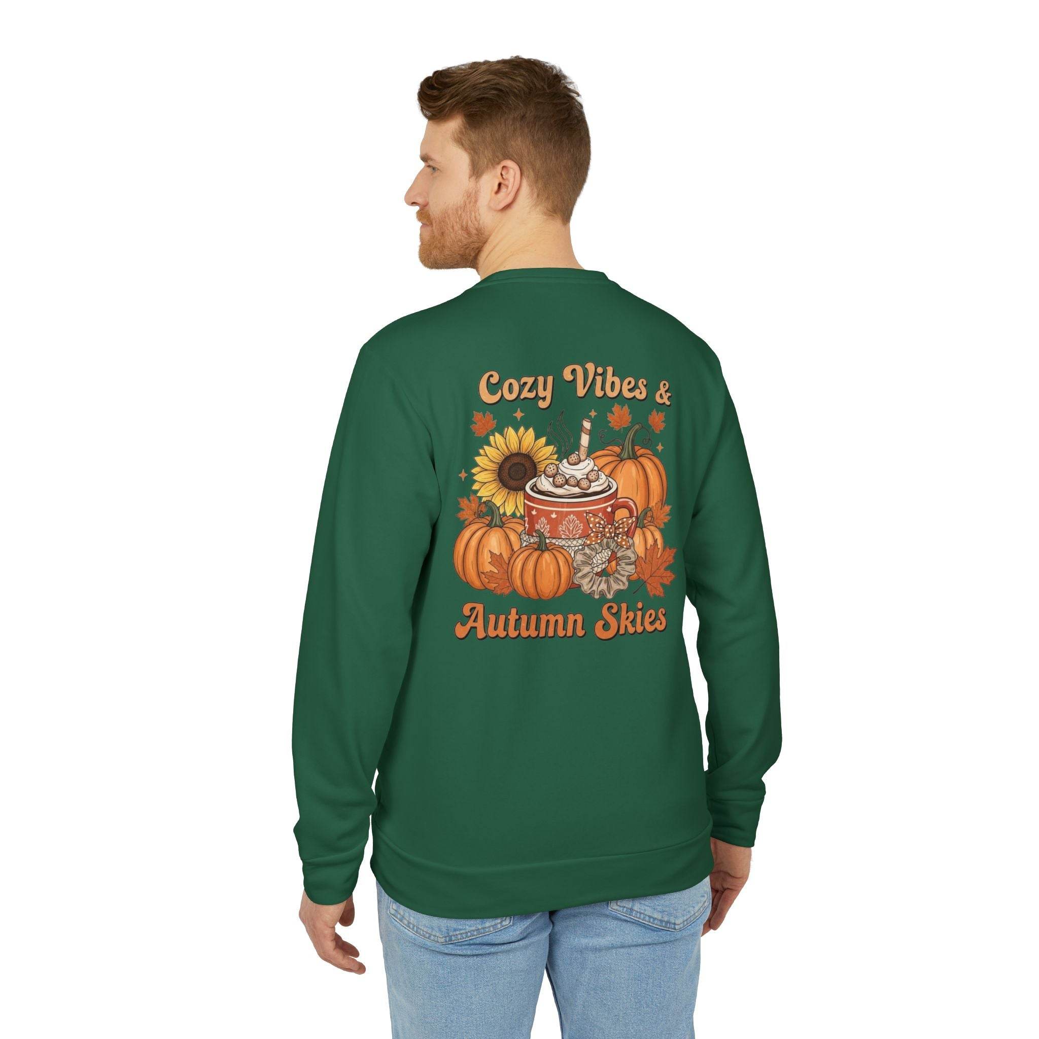 Printify green sweatshirt on man showing back fall design with pumpkins sunflower and latte eco-friendly autumn sweatshirt