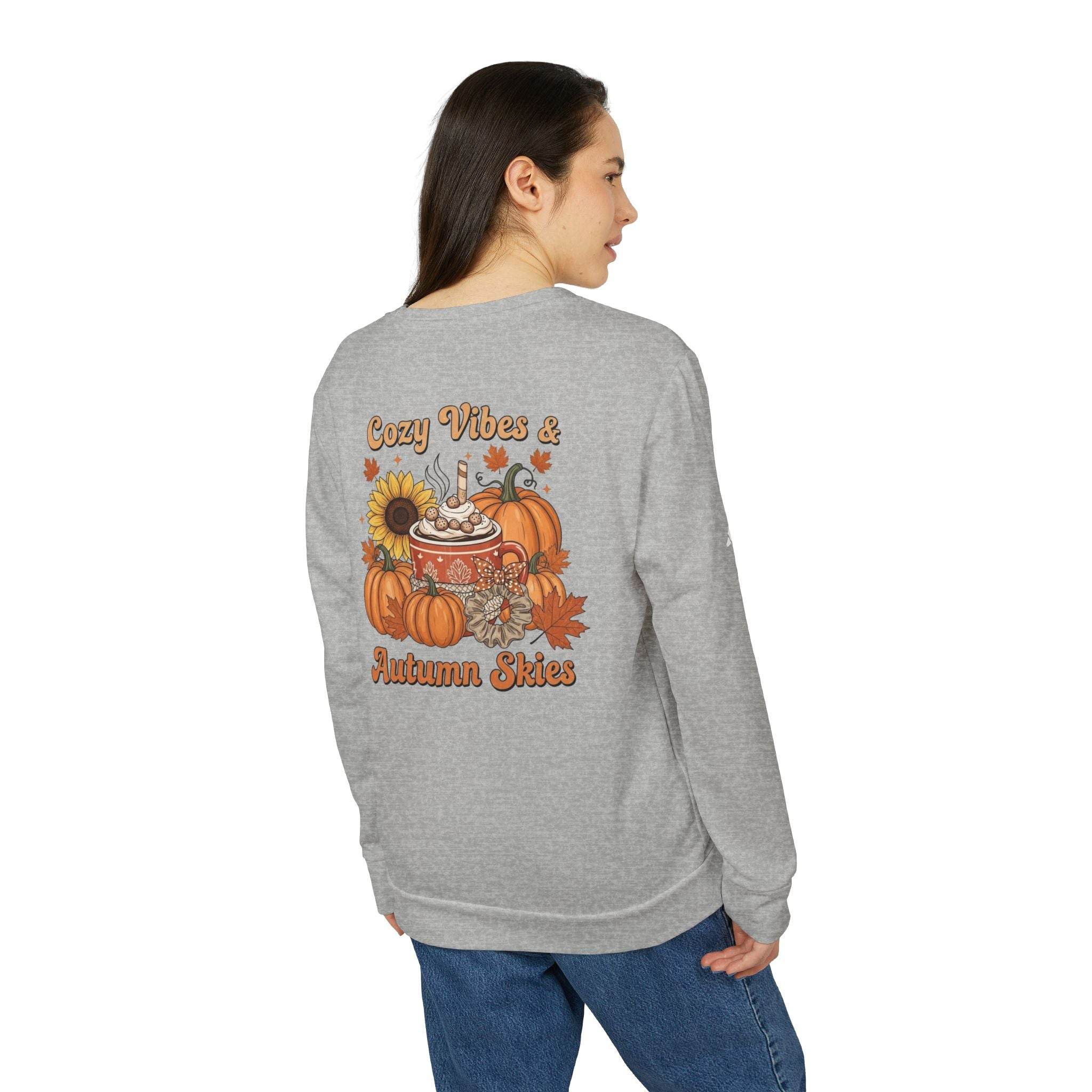 Printify gray sweatshirt with pumpkins sunflower and coffee mug back print cozy fit eco-friendly autumn sweatshirt for fall layering