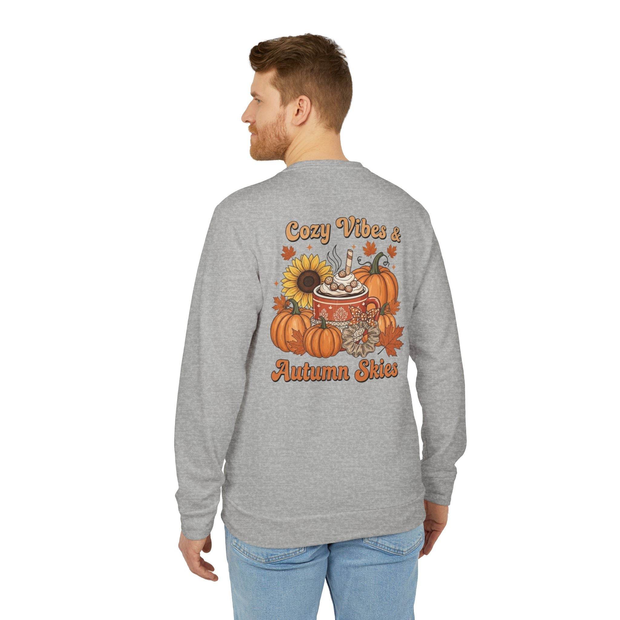 Gray long sleeve sweatshirt with back pumpkin sunflower mug graphic Cozy Vibes Autumn Skies eco-friendly autumn sweatshirt