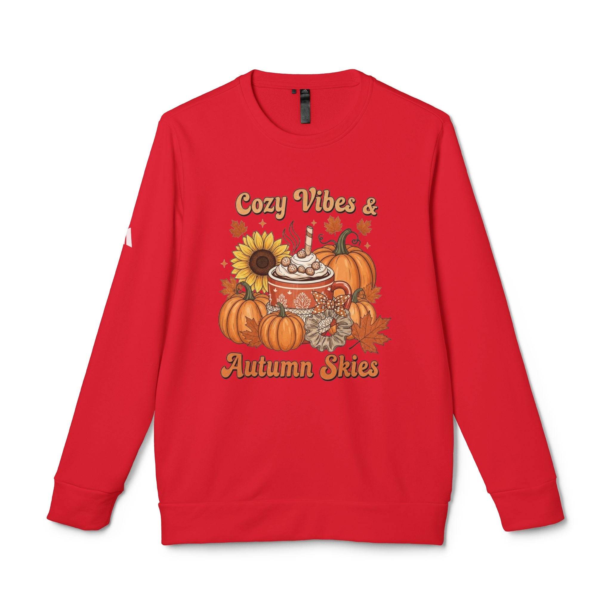 Red crewneck with Cozy Vibes and Autumn Skies print showing hot cocoa mug, pumpkins and sunflower eco-friendly autumn sweatshirt