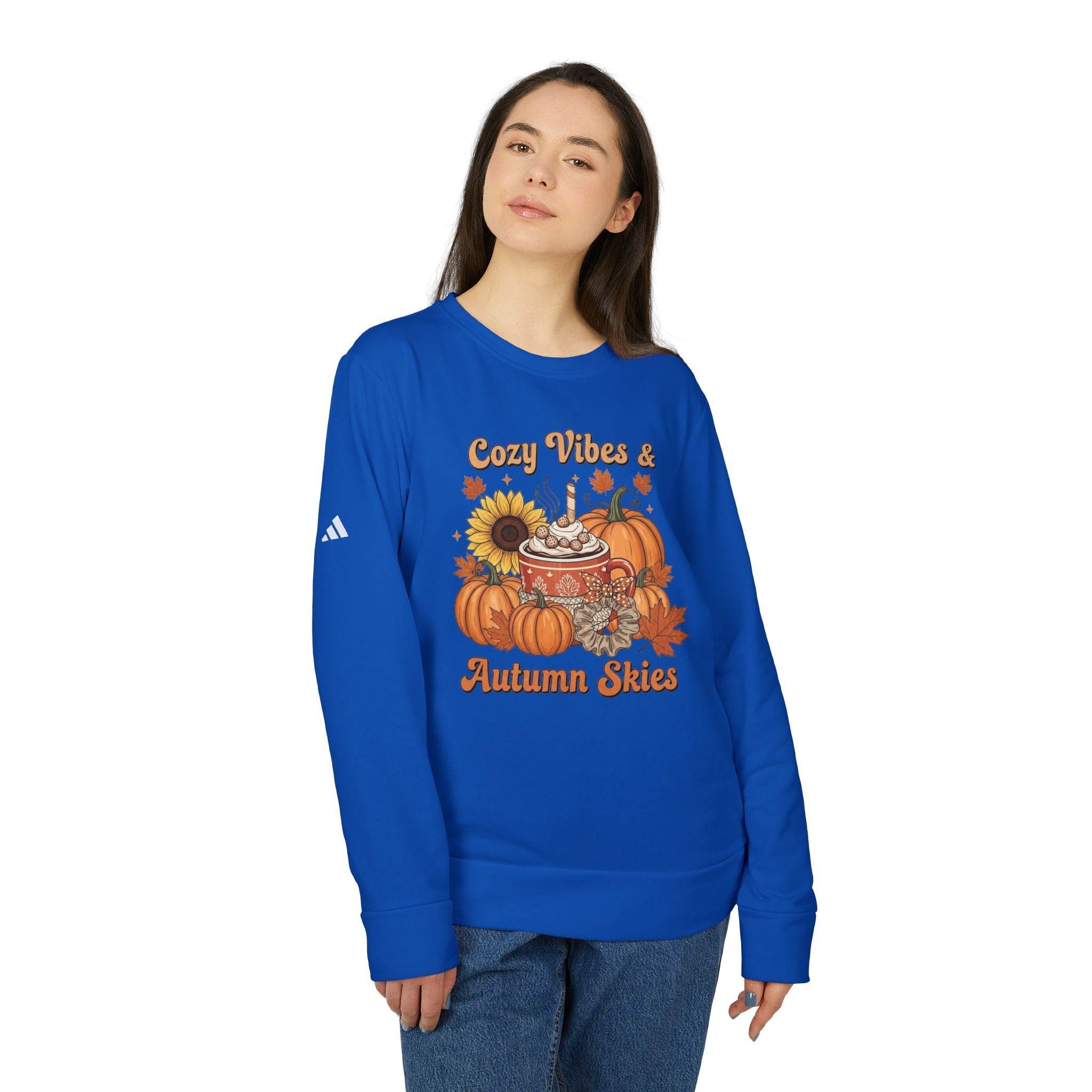 Printify blue sweatshirt with Cozy Vibes Autumn Skies pumpkin sunflower latte graphic eco-friendly autumn sweatshirt