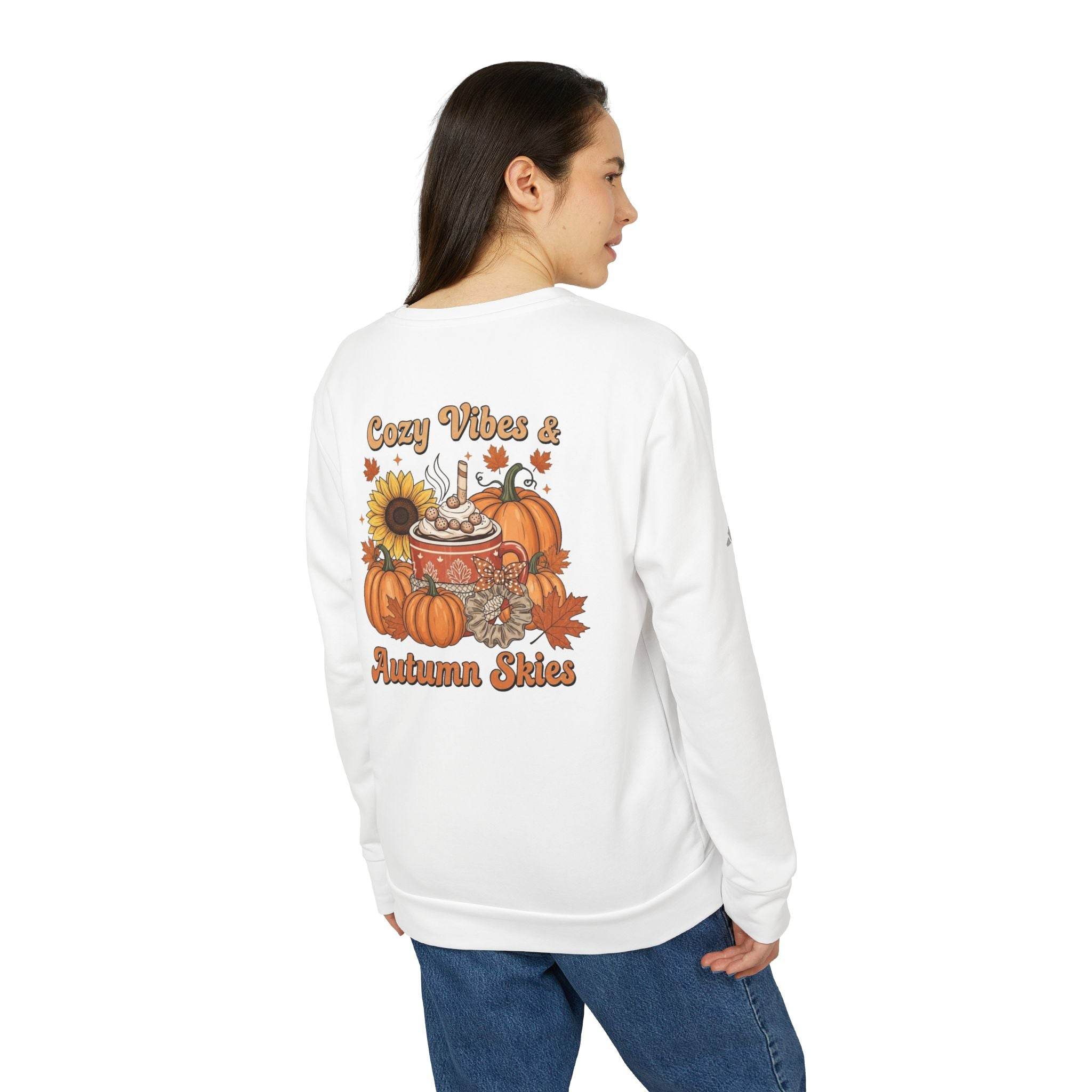 Printify white sweatshirt back print with pumpkins mug sunflower Cozy Vibes and Autumn Skies eco-friendly autumn sweatshirt