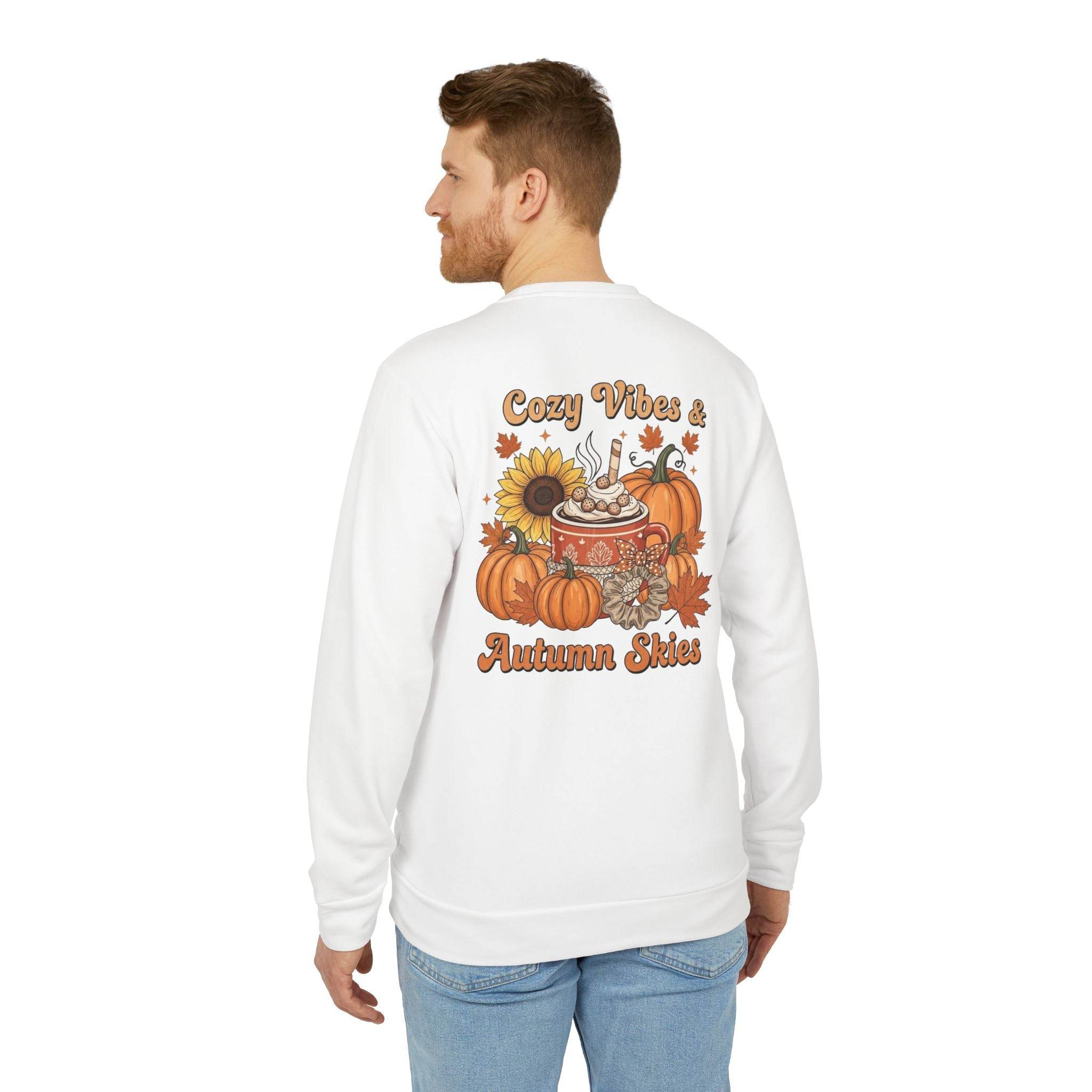 Printify white sweatshirt back view featuring pumpkin and sunflower fall graphic with Cozy Vibes text eco-friendly autumn sweatshirt