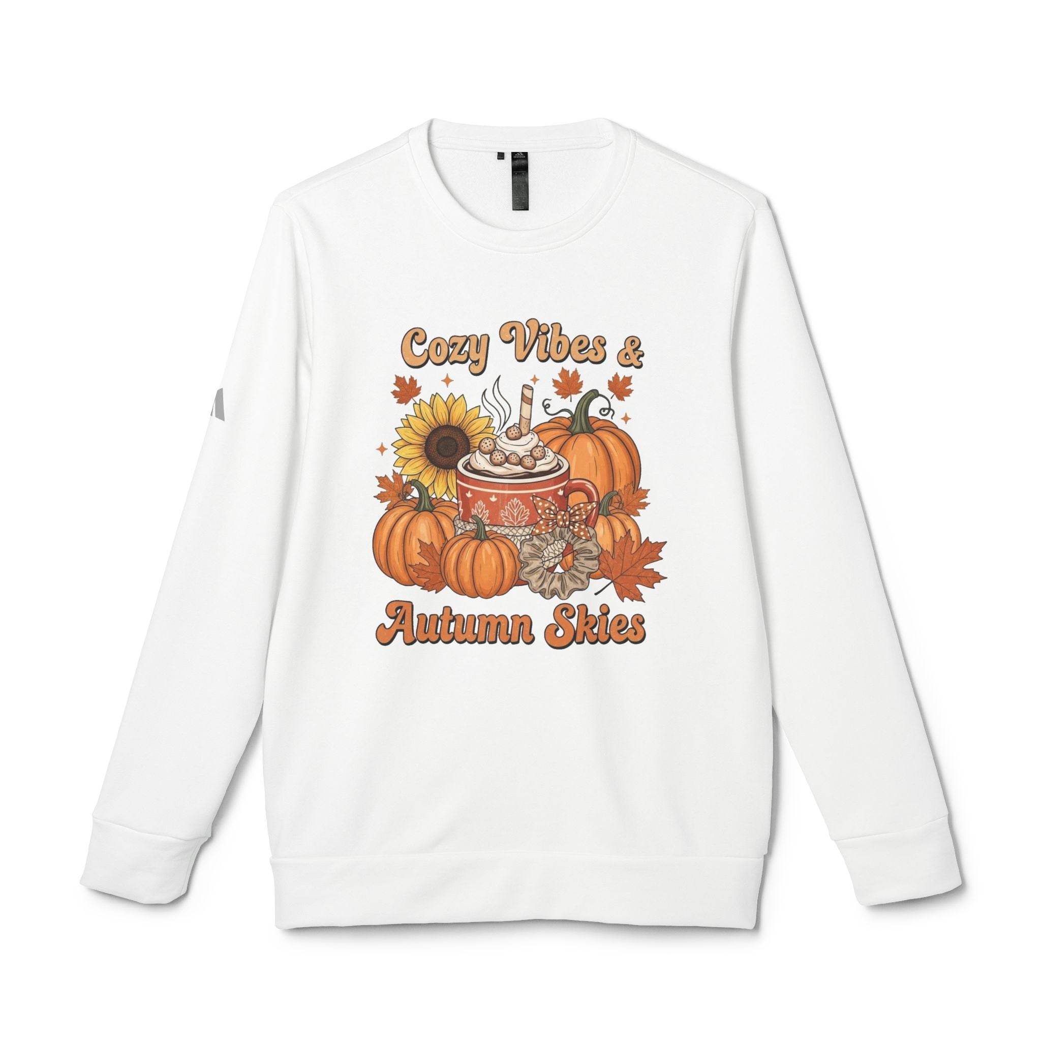 Printify white sweatshirt with Cozy Vibes Autumn Skies pumpkin sunflower mug and leaves eco-friendly autumn sweatshirt