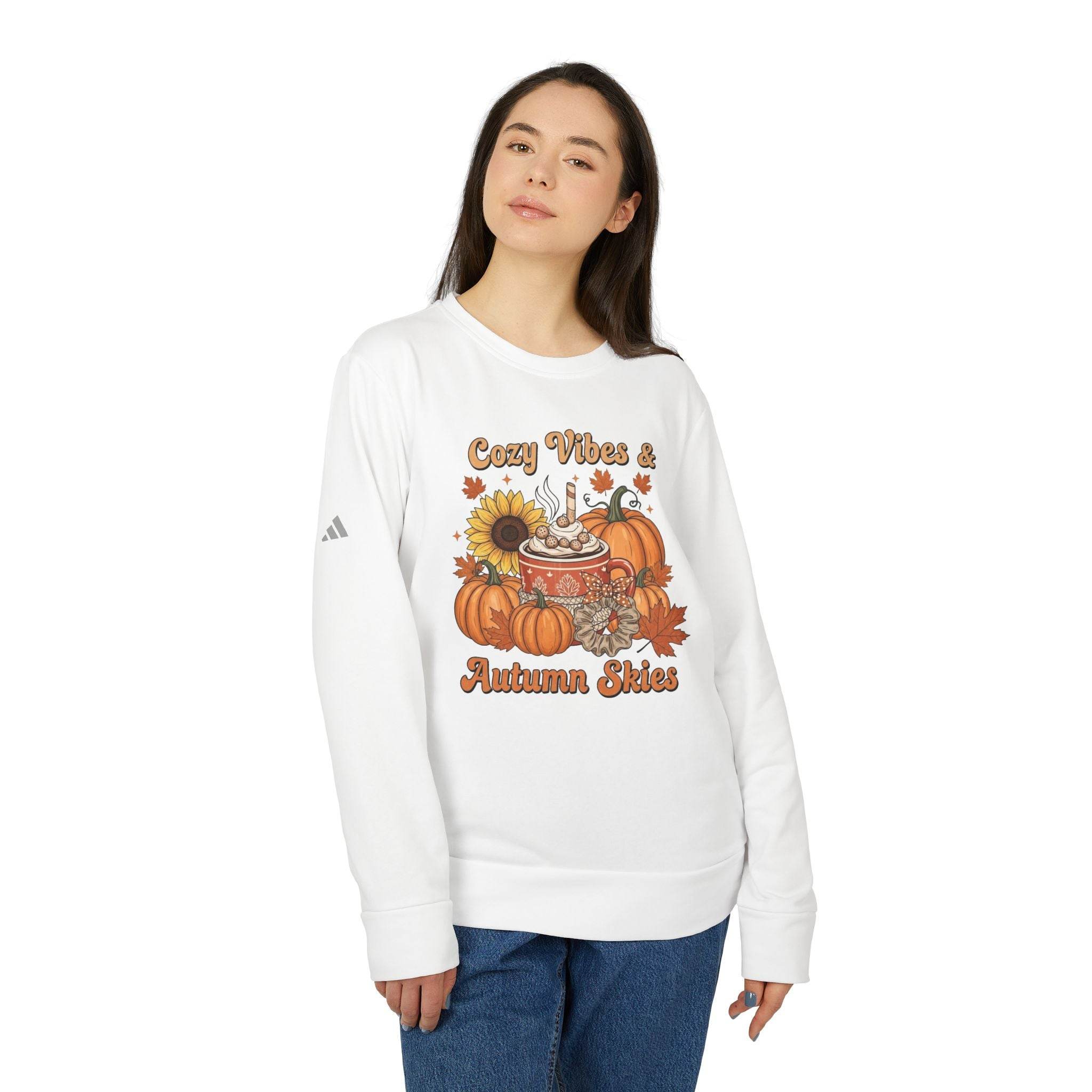 Printify white sweatshirt with pumpkins sunflower and mug graphic reading Cozy Vibes Autumn Skies eco-friendly autumn sweatshirt