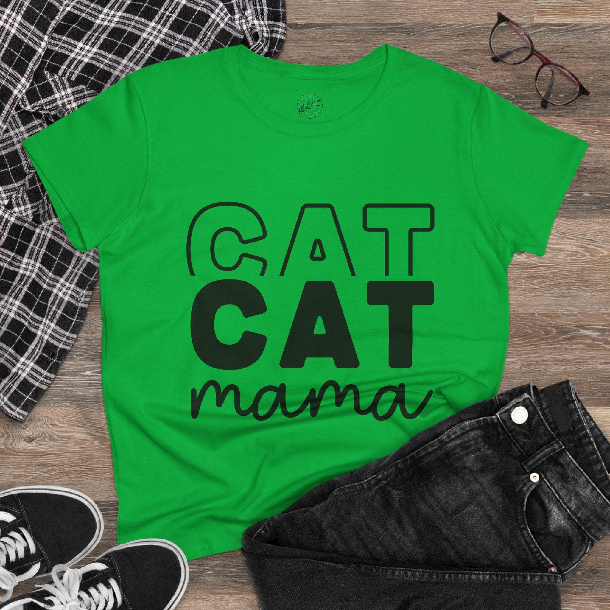 Green Printify eco-friendly cat mom shirt with bold black CAT CAT mama print styled with jeans and sneakers